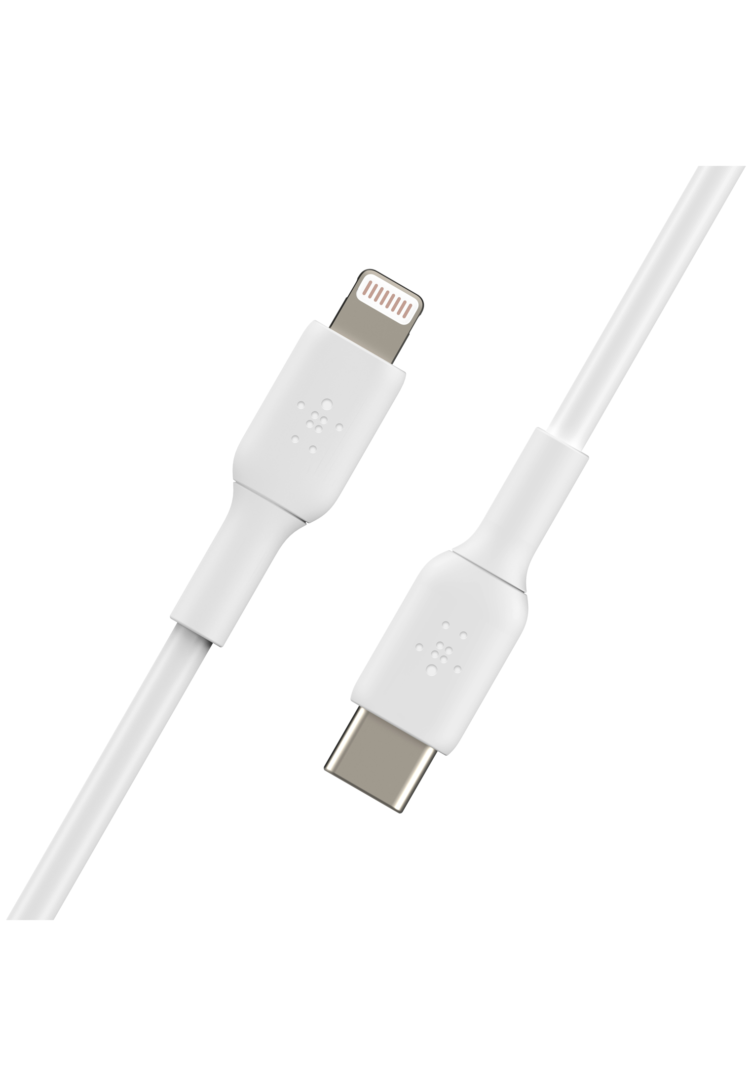 Weiße Ladekabel. Ein Ende hat einen Lightning-Anschluss, das andere einen USB-C-Anschluss.