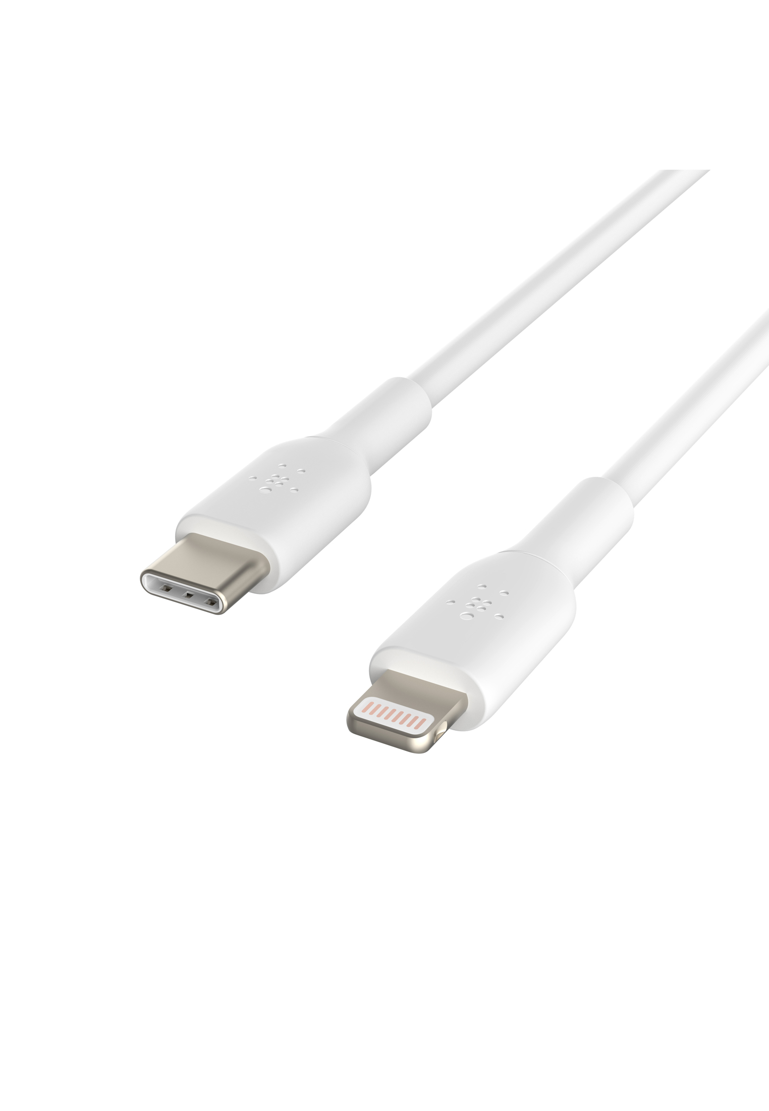Zwei weiße Ladekabel, eines mit USB-C-Anschluss und das andere mit Lightning-Anschluss, vor weißem Hintergrund.