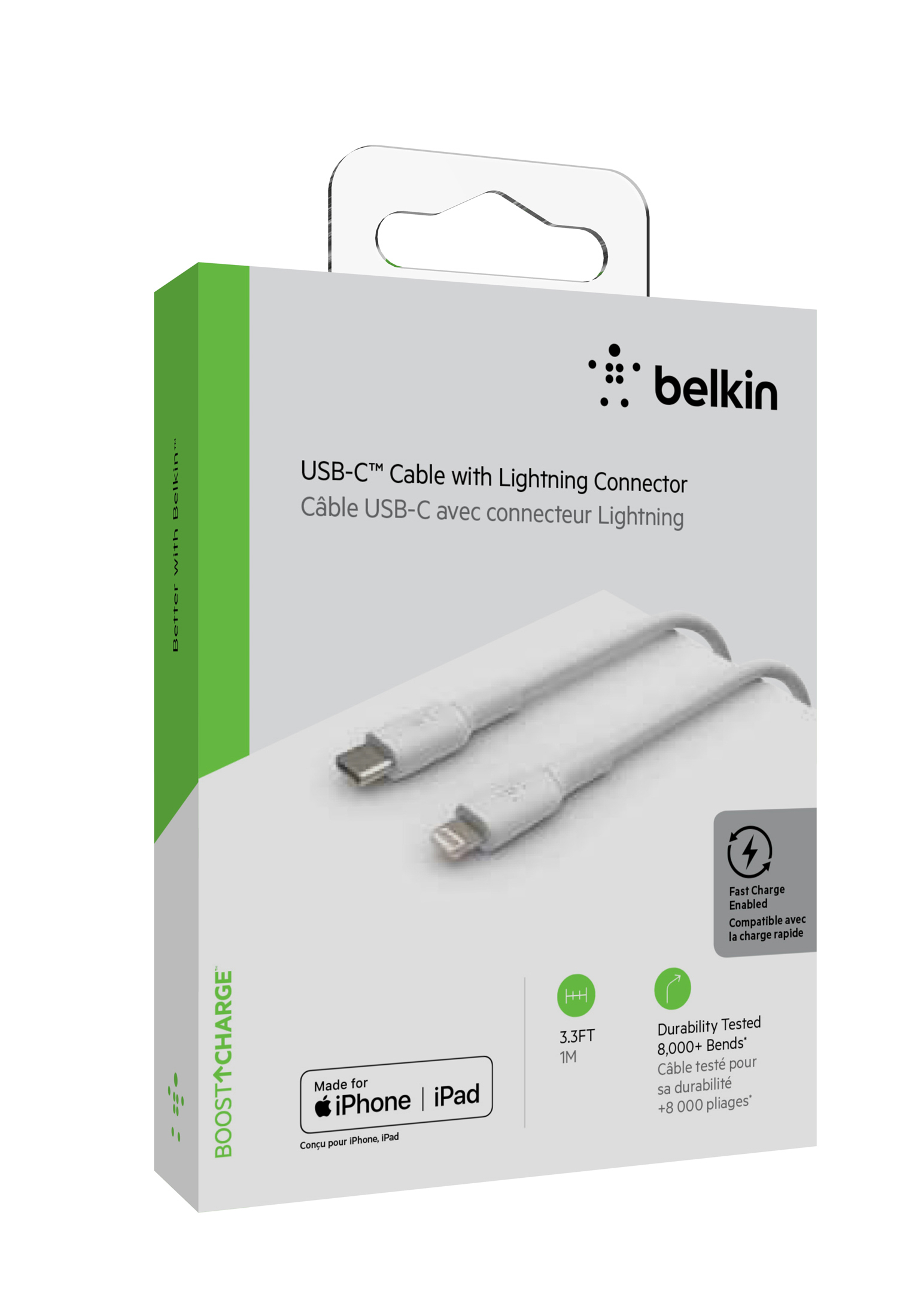 Eine weiße und grüne Belkin-Box mit einem USB-C-Kabel mit Lightning-Anschluss.