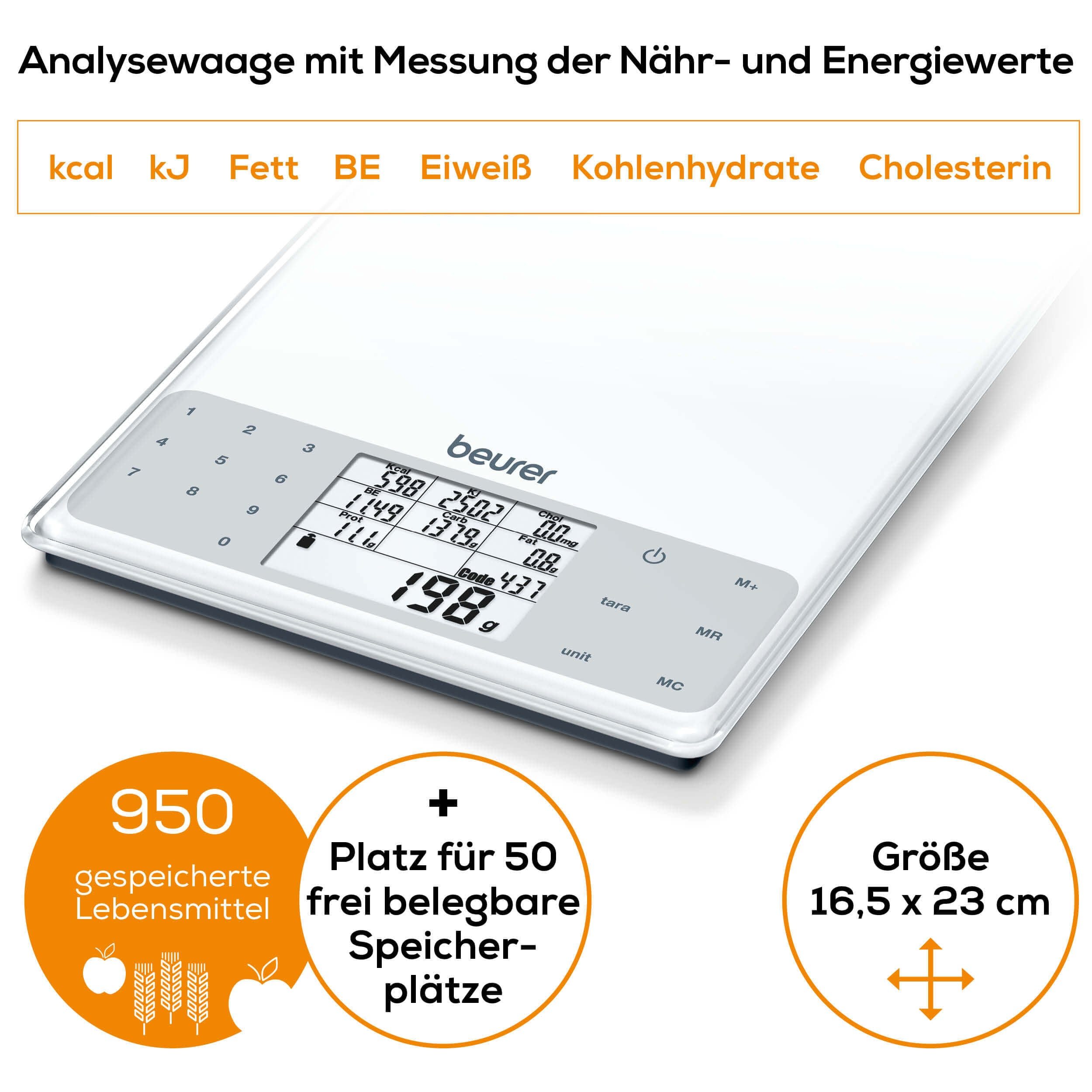 Digitale Waage mit Nährwertanzeige. Text: kcal, kJ, Fett, BE, Eiweiß, Kohlenhydrate, Cholesterin.