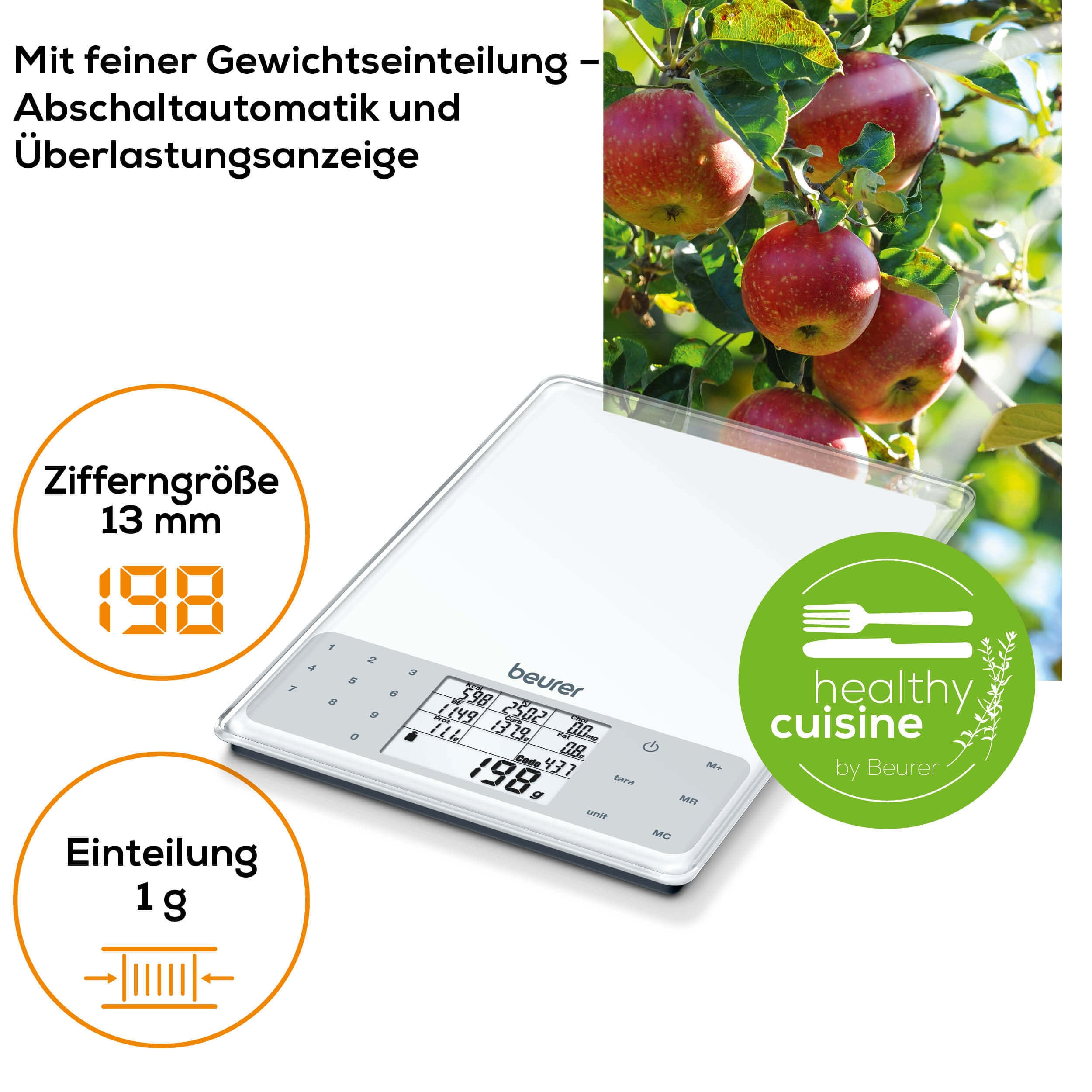 Eine digitale Küchenwaage mit Anzeige und Text über das Gewicht.