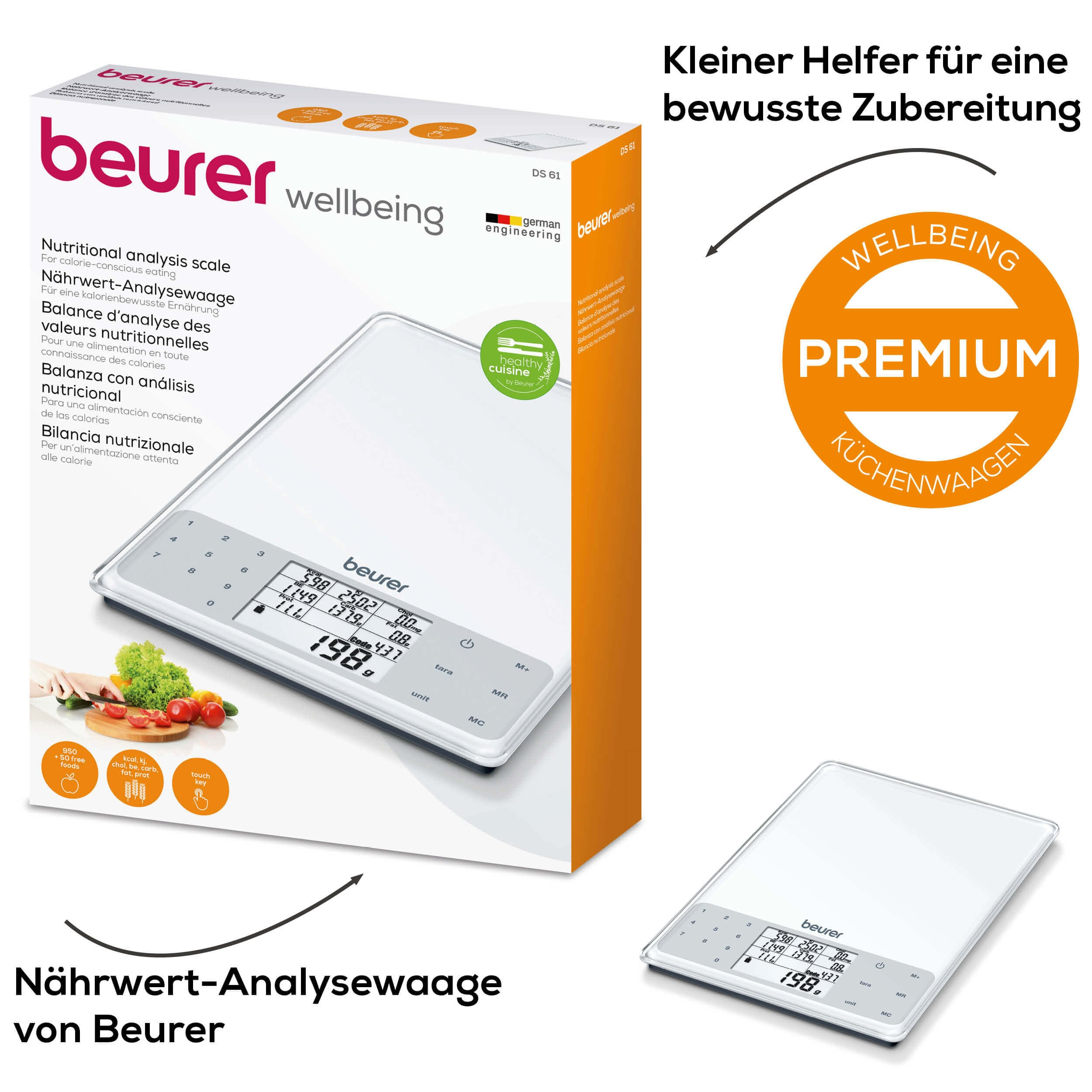 Eine weiße Waage mit einer Box mit Lebensmitteln und Text an der Seite.
