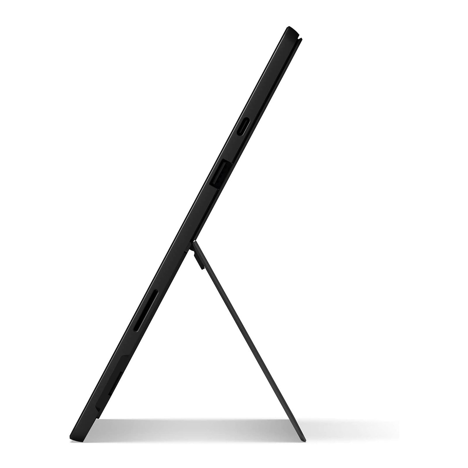 Schwarzes Tablet, Seitenansicht, mit Ständer aufgestellt. Weißer Hintergrund.