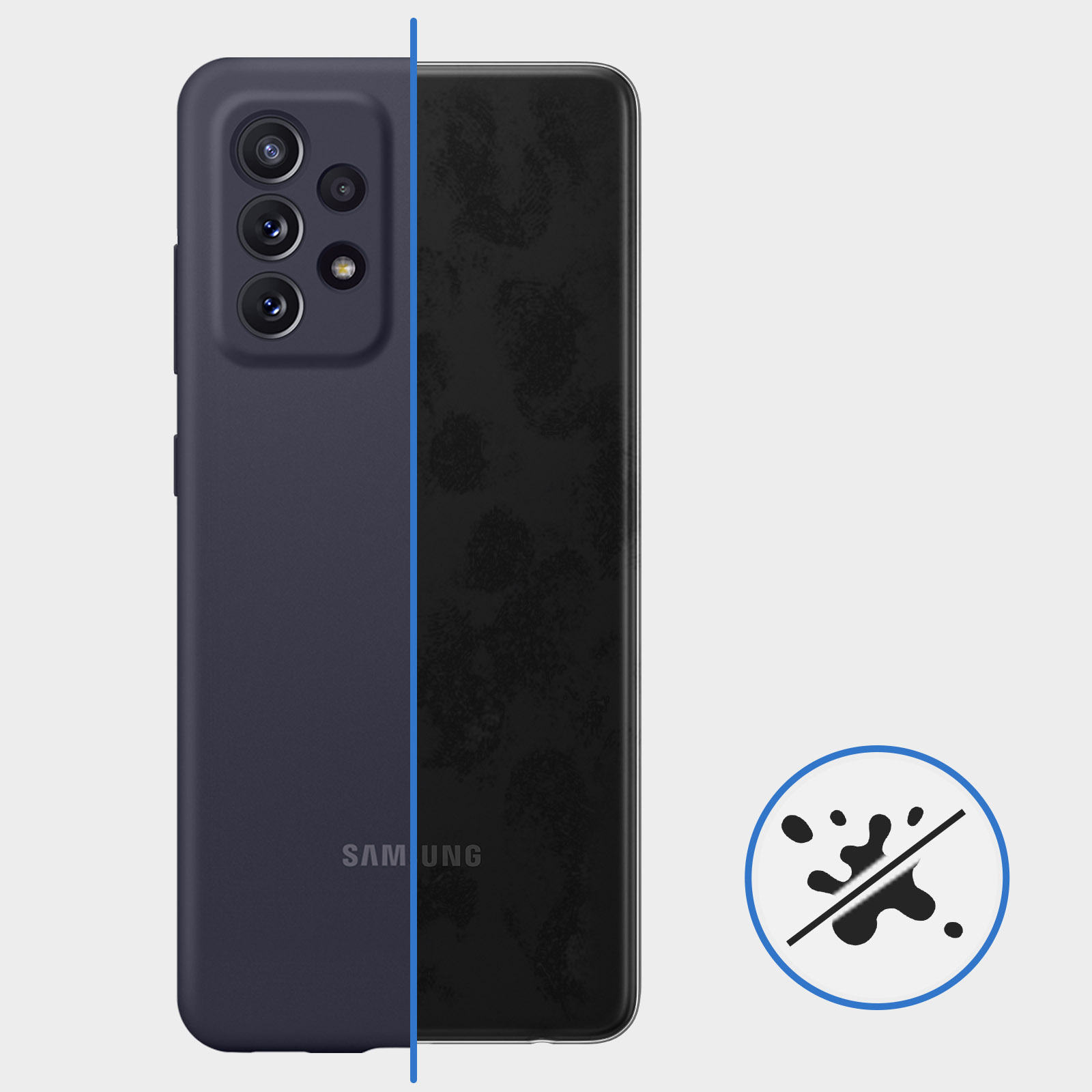 Telefon in Hülle. Telefon ist dunkelblau. Weißer Hintergrund.