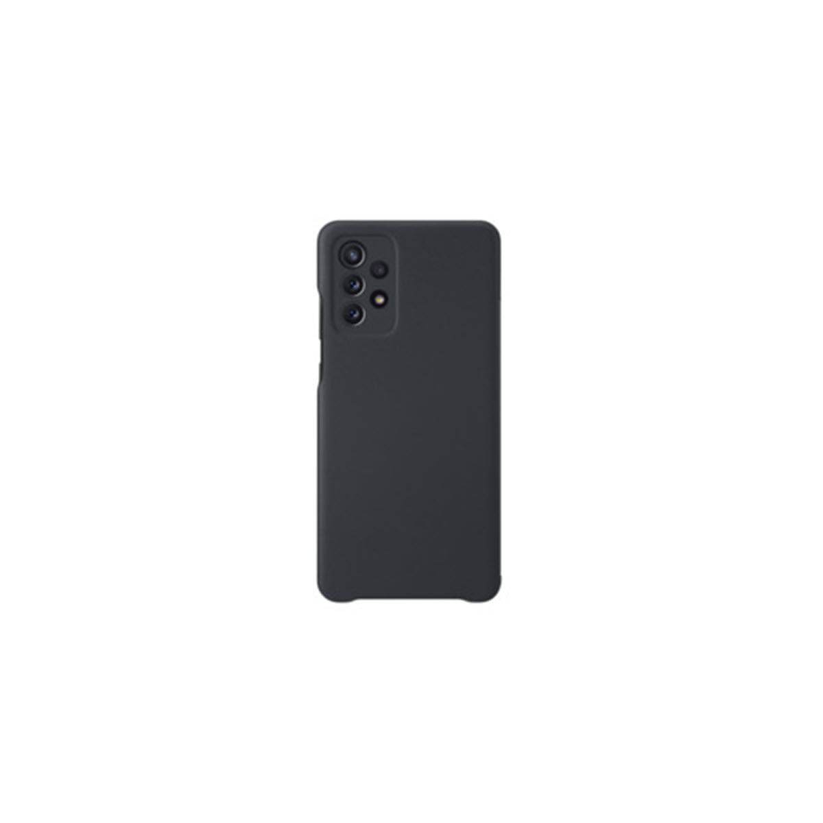 Custodia per telefono nera con foro per fotocamera, vista su sfondo bianco.