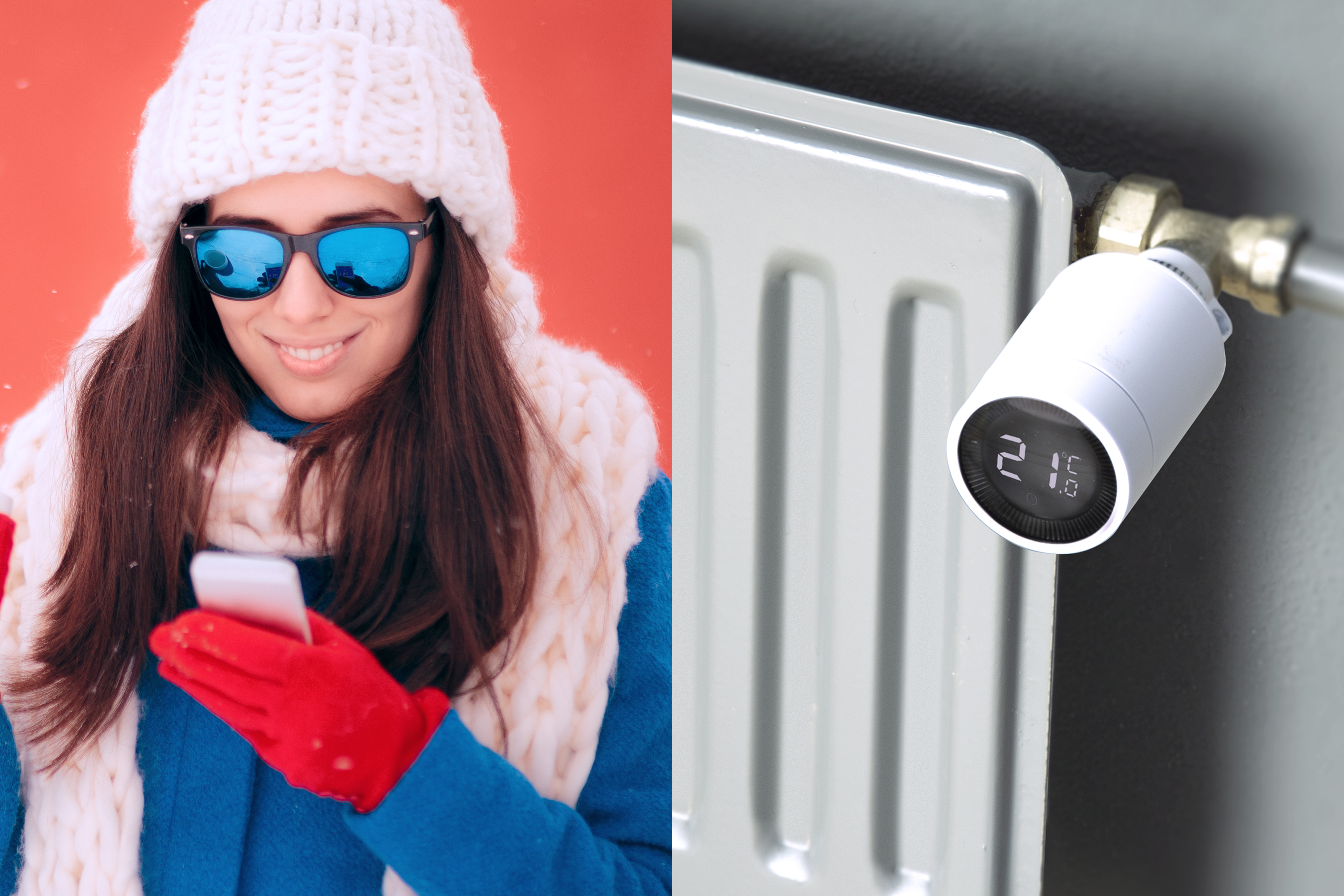Frau mit Sonnenbrille und Schal, die ein Telefon hält, neben einem Thermostat an einem Heizkörper.