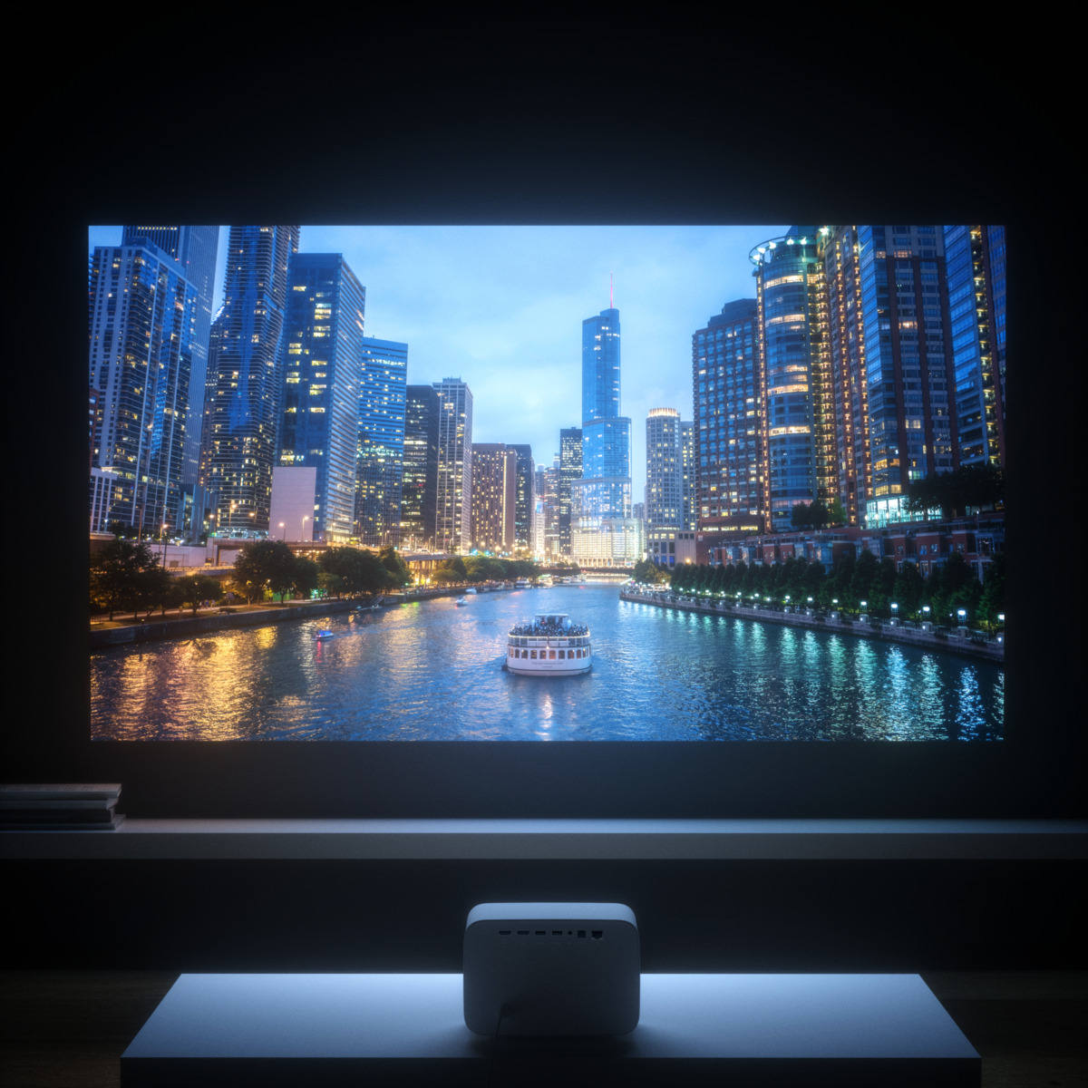 Una pantalla de proyector con una escena de horizonte, con un proyector debajo.