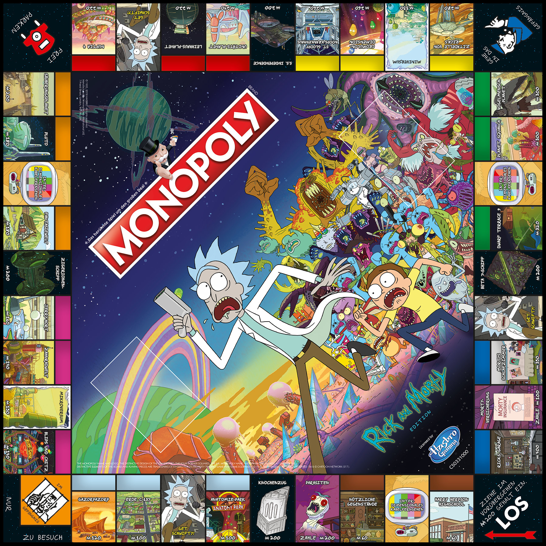 Monopoly-Spielbrett mit Cartoon-Figuren. Rick und Morty sind prominent vertreten.
