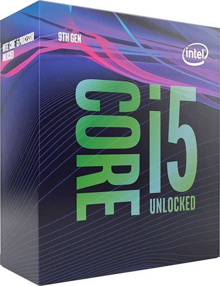 Un processore Intel Core i5 9a generazione in scatola. La scatola è blu con accenti rosa e verdi.