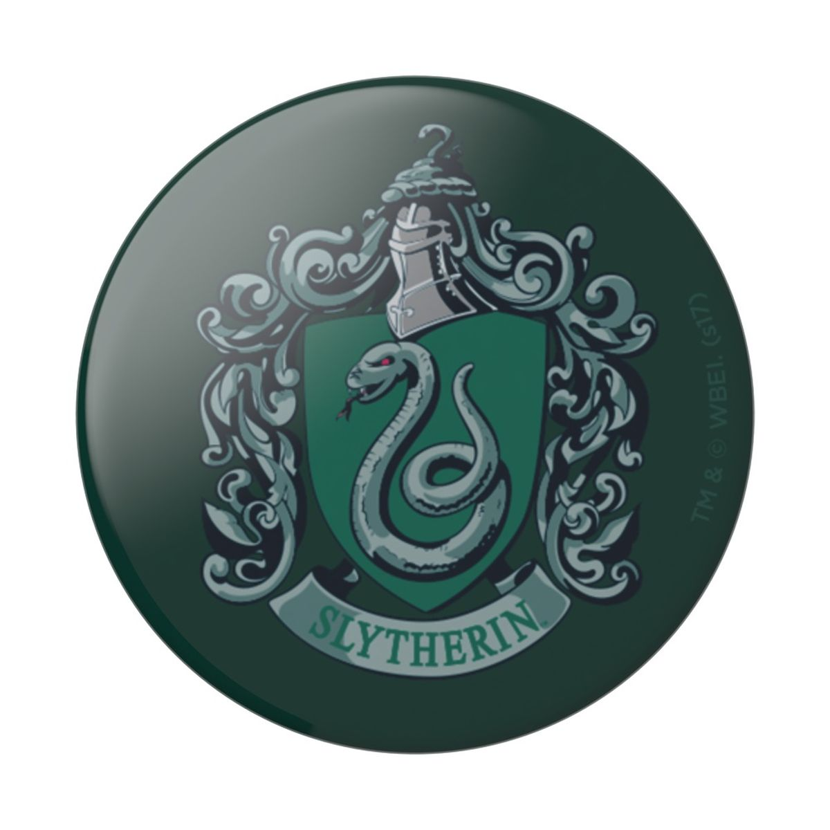 Escudo de la casa Slytherin en un botón redondo. Presenta una serpiente y un escudo sobre fondo verde.