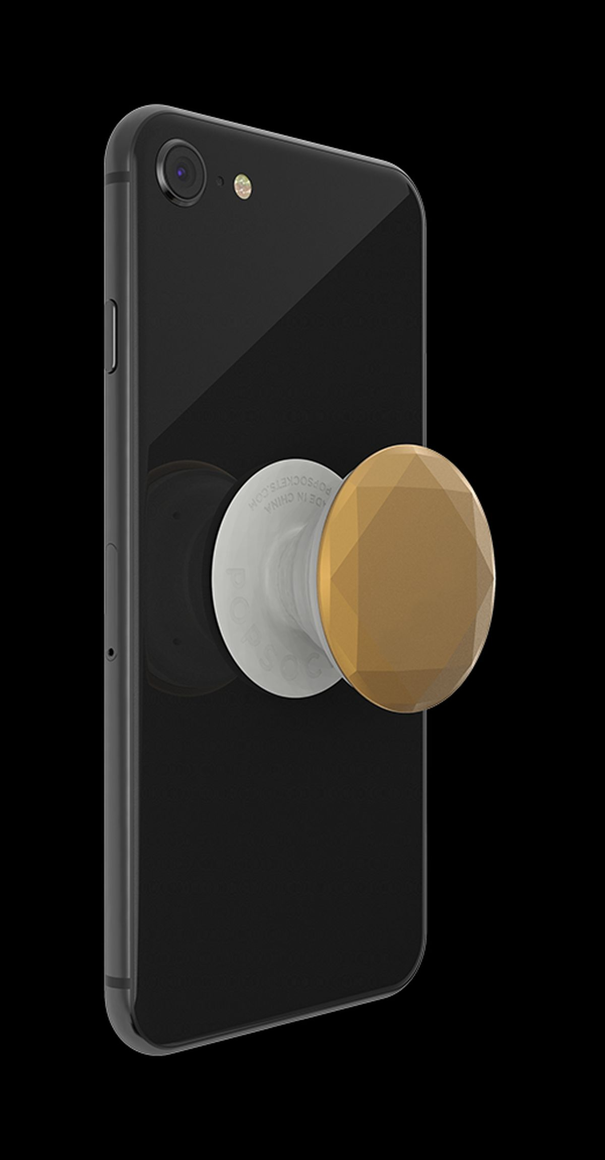 Schwarzes Smartphone mit einem gold-weißen PopSocket auf der Rückseite.