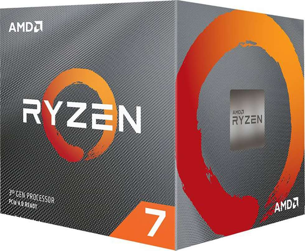 Bir kutu AMD Ryzen 7 işlemci. Kutu gri renkte, turuncu ve beyaz detaylara sahip.