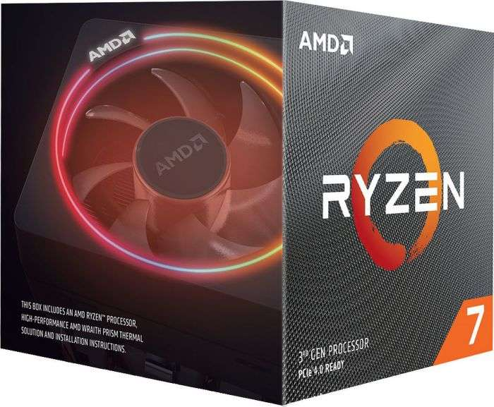 AMD Ryzen 7 CPU kutusu, Ryzen logosu ve kırmızı-turuncu-sarı fan tasarımı gösteren bir fan ile.