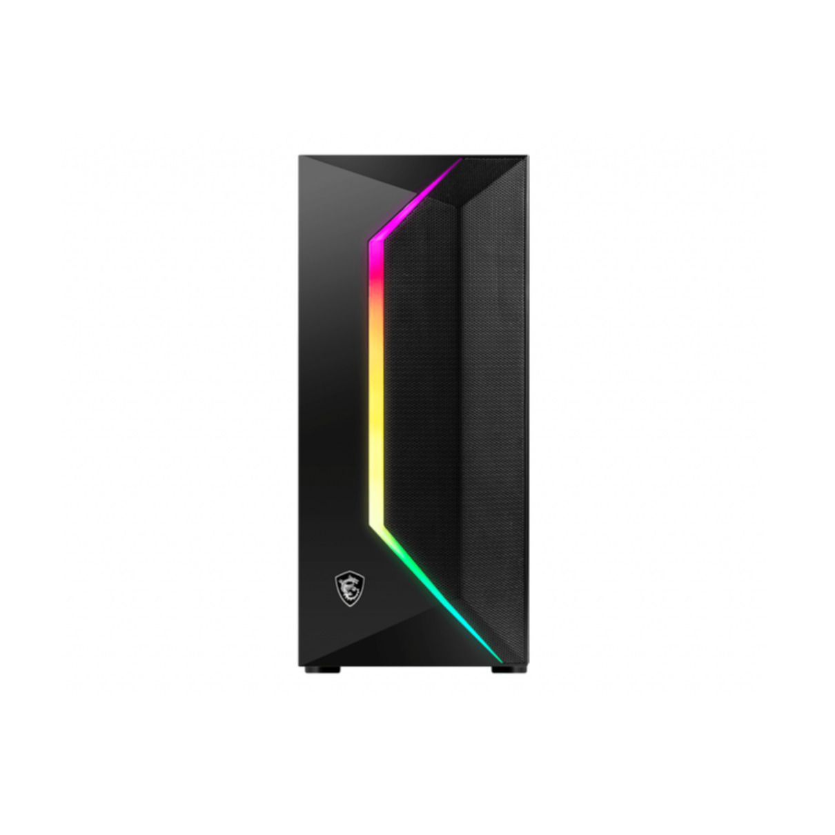 Ön tarafında RGB aydınlatması olan siyah bir bilgisayar kasası.
