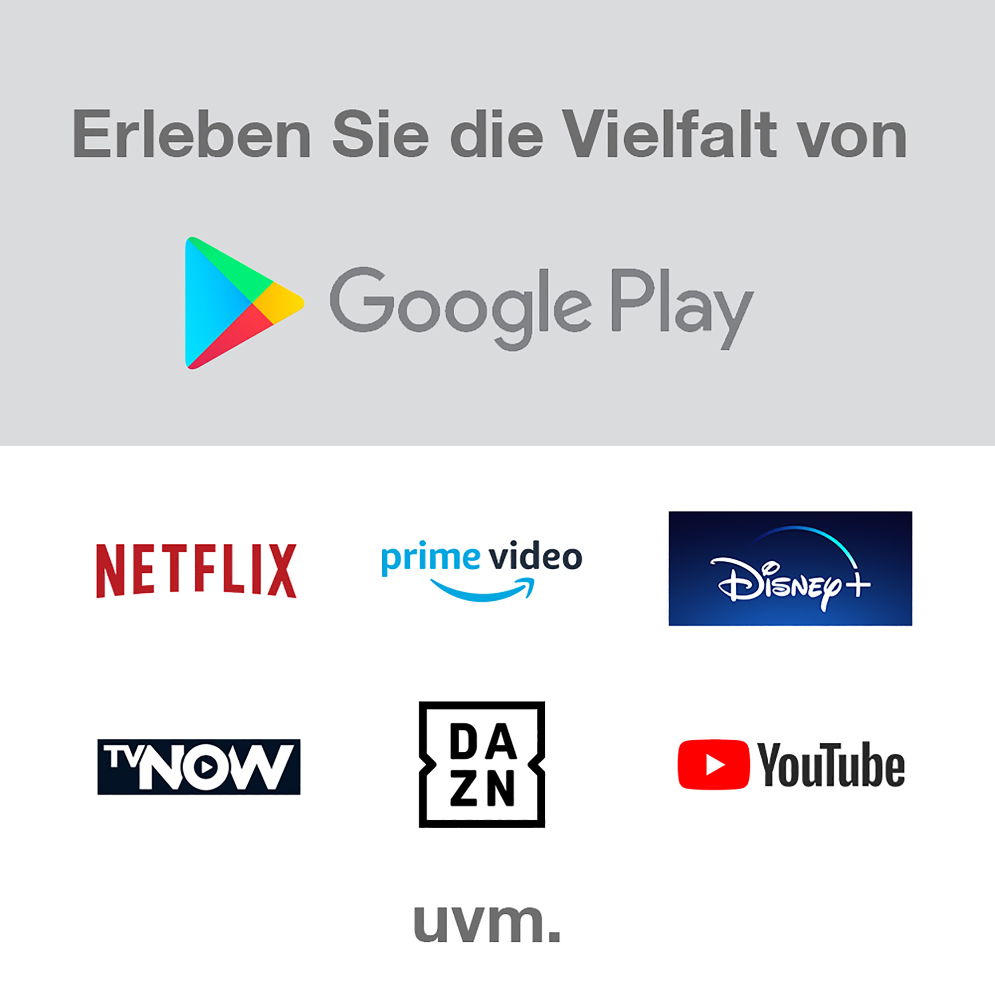 Google Play-Logo mit Streaming-Dienstlogos: Netflix, Prime Video, Disney+, TVNOW, DAZN und YouTube.