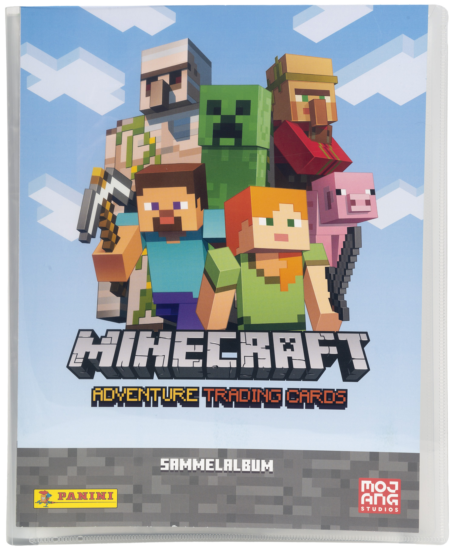 Minecraft Adventure Trading Cards Albumcover mit Charakteren.