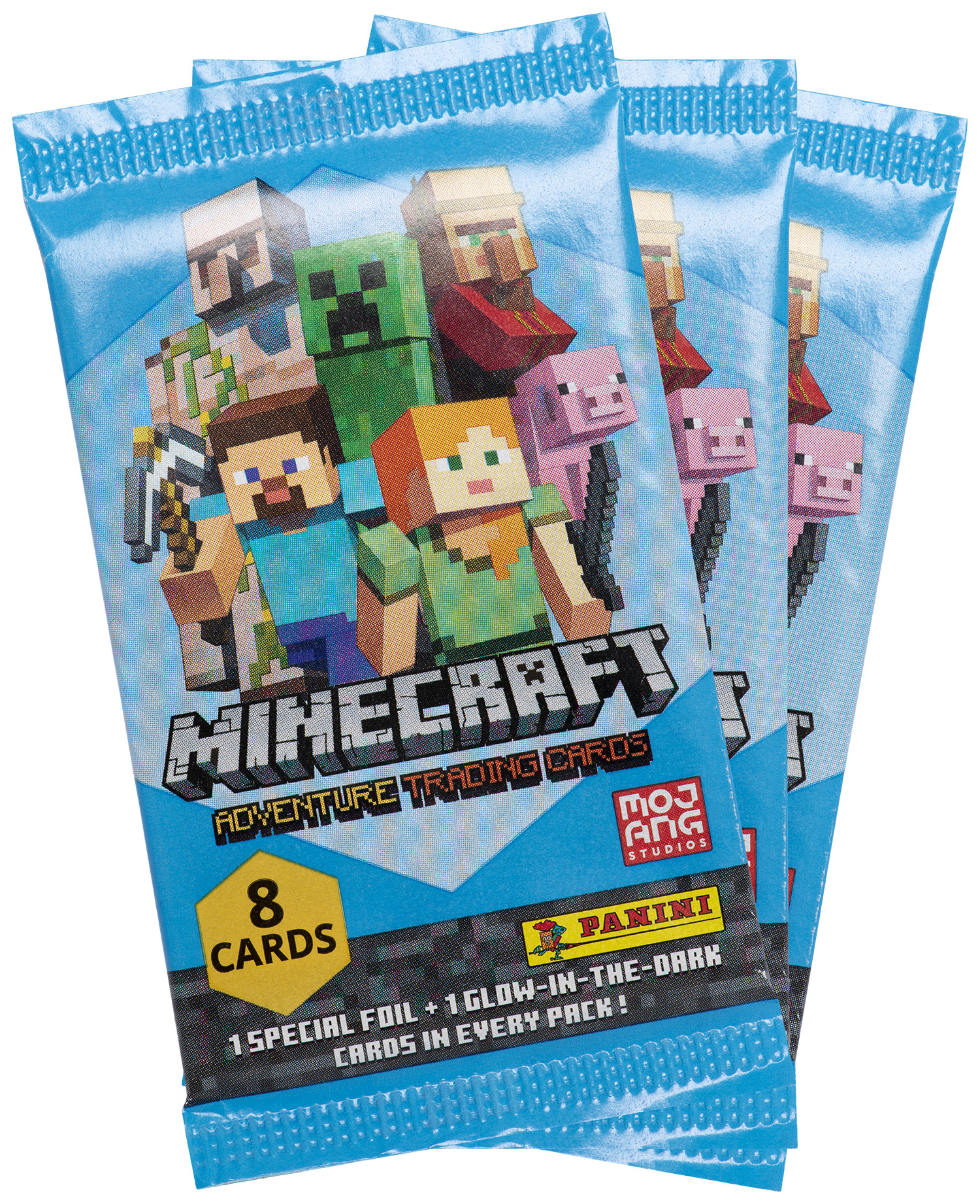Drei Minecraft-Sammelkartenpackungen, blauer Hintergrund, mit verschiedenen Charakteren auf der Vorderseite.