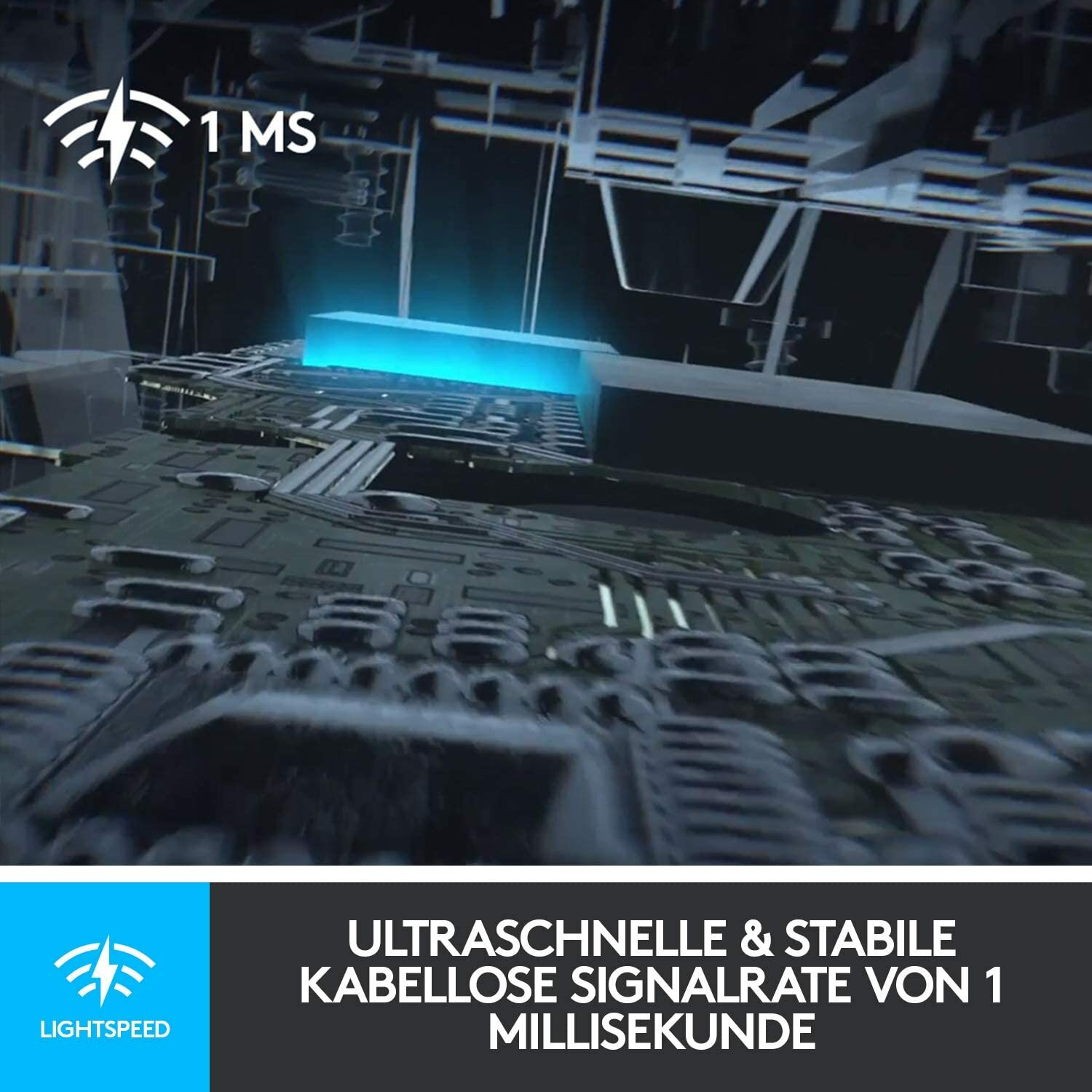 Un primo piano mostra un circuito elettronico. Un quadrato blu emette luce.