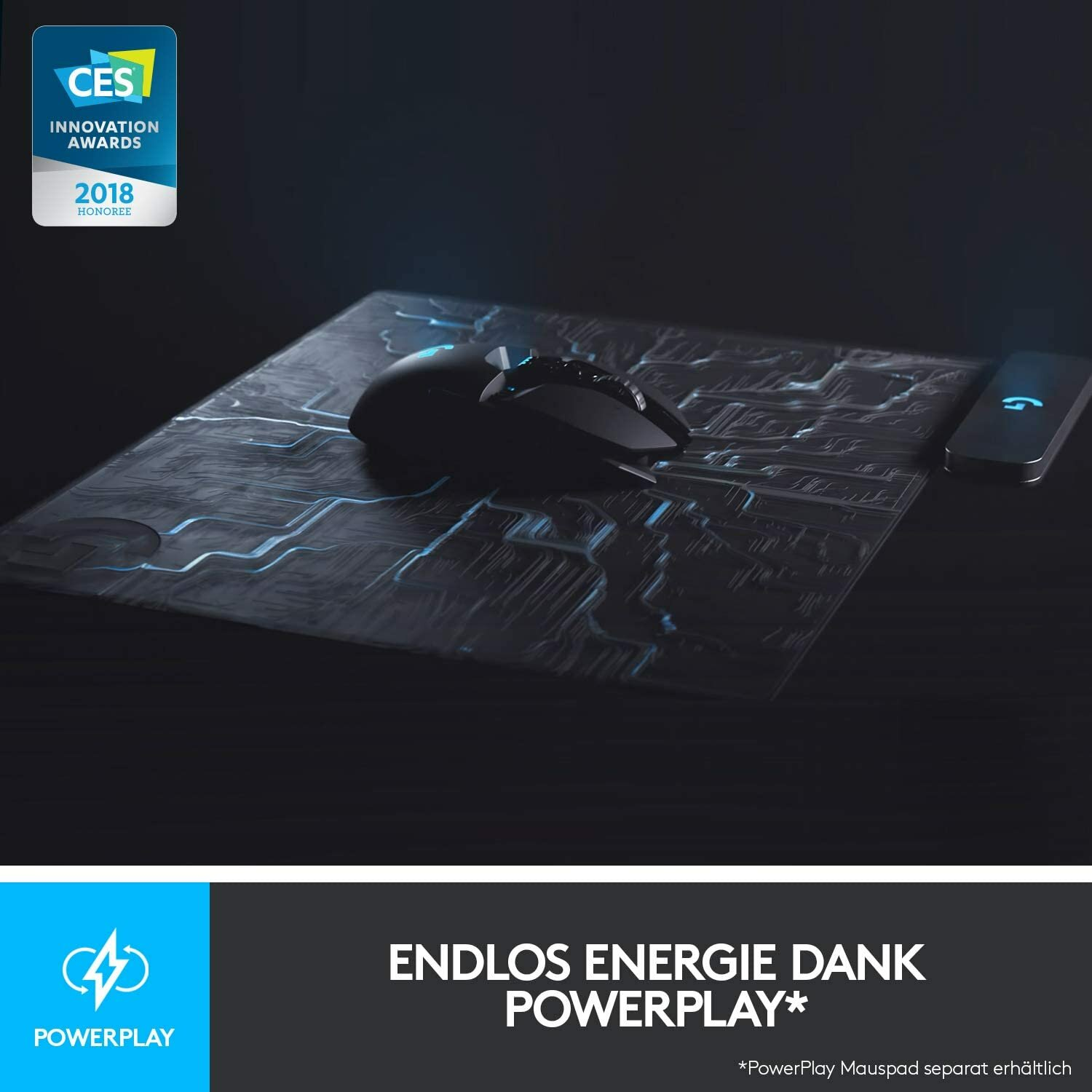 Mouse gaming su tappetino blu luminoso con telefono, logo CES Innovation Award.