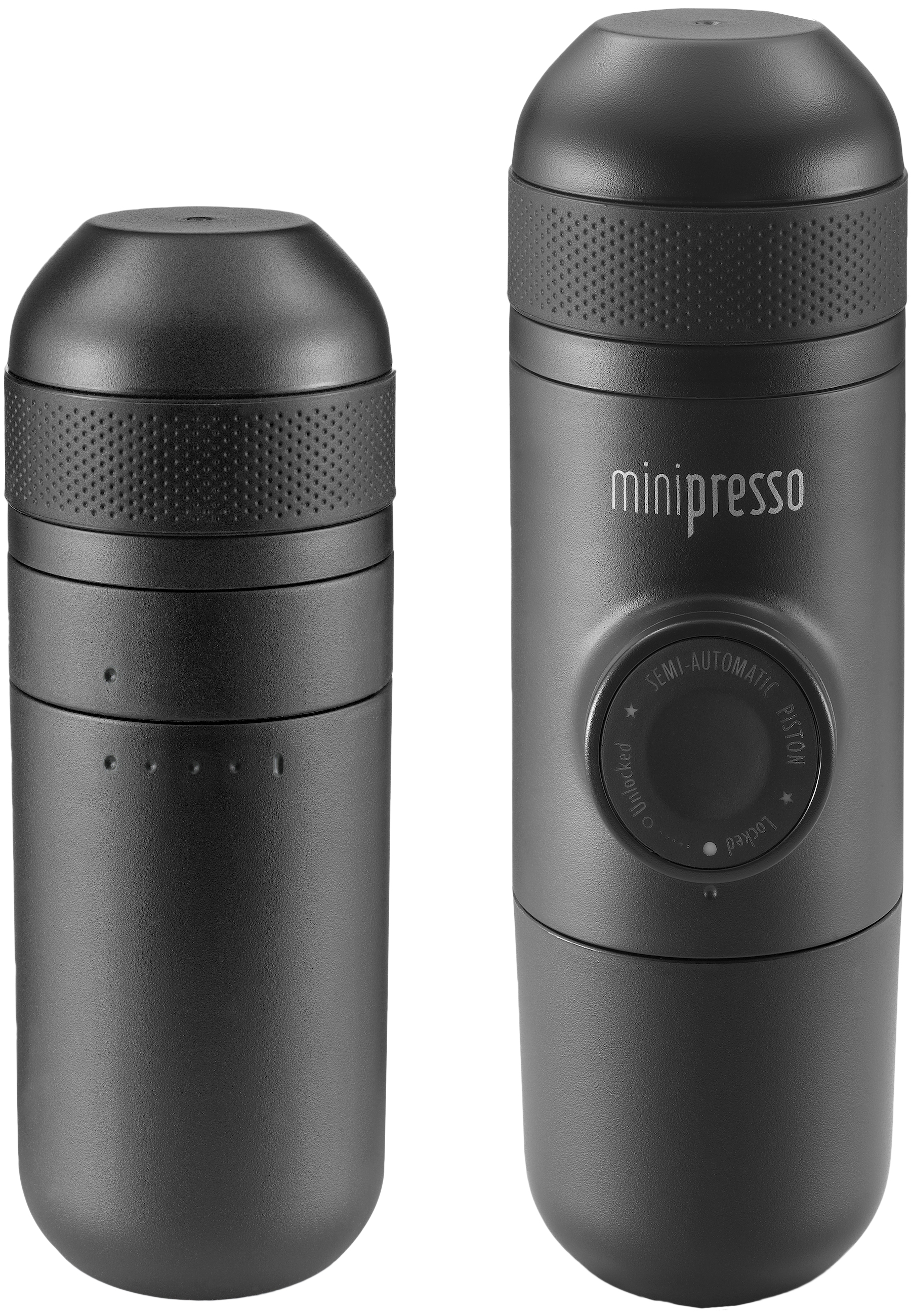 Zwei schwarze tragbare Espressomaschinen, eine zeigt einen halbautomatischen Kolben, die andere eine Seitenansicht.