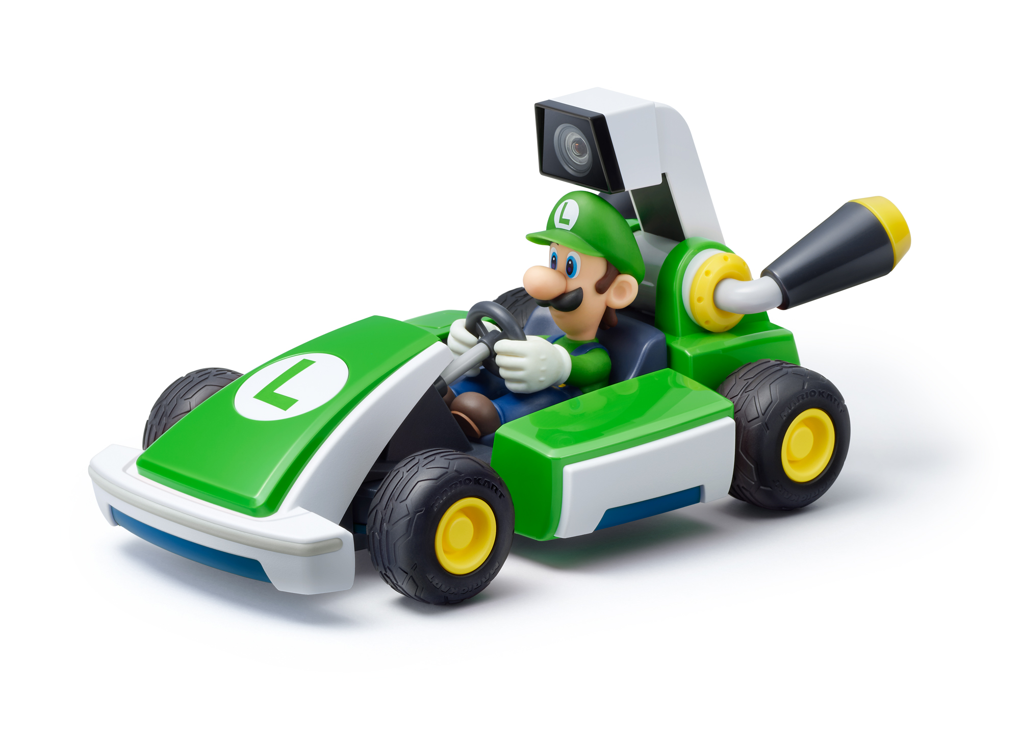 Luigi fährt einen grün-weißen Kart. Eine Kamera ist oben montiert.