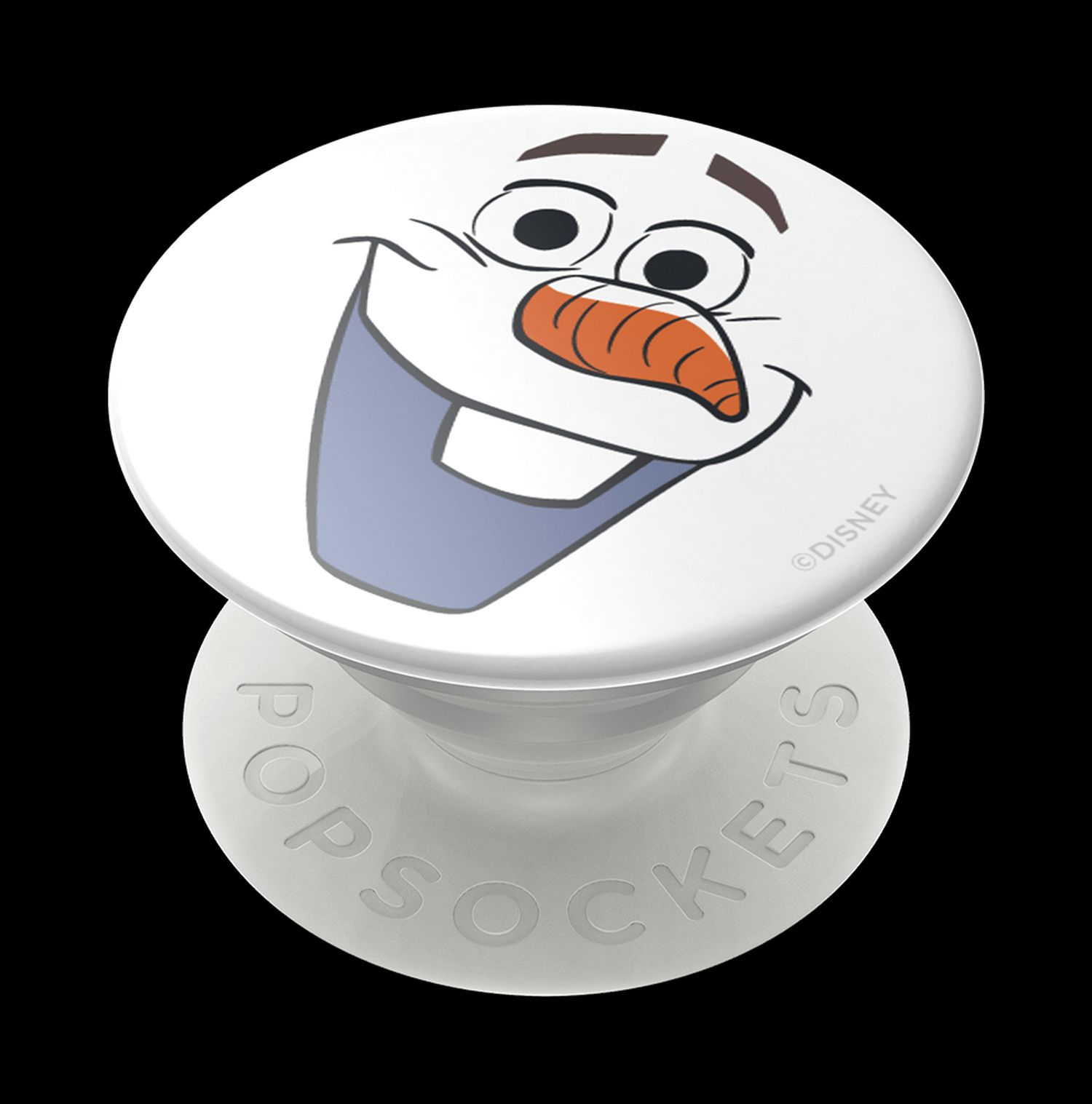 Un Popsocket blanco con la cara de Olaf sobre un fondo negro.