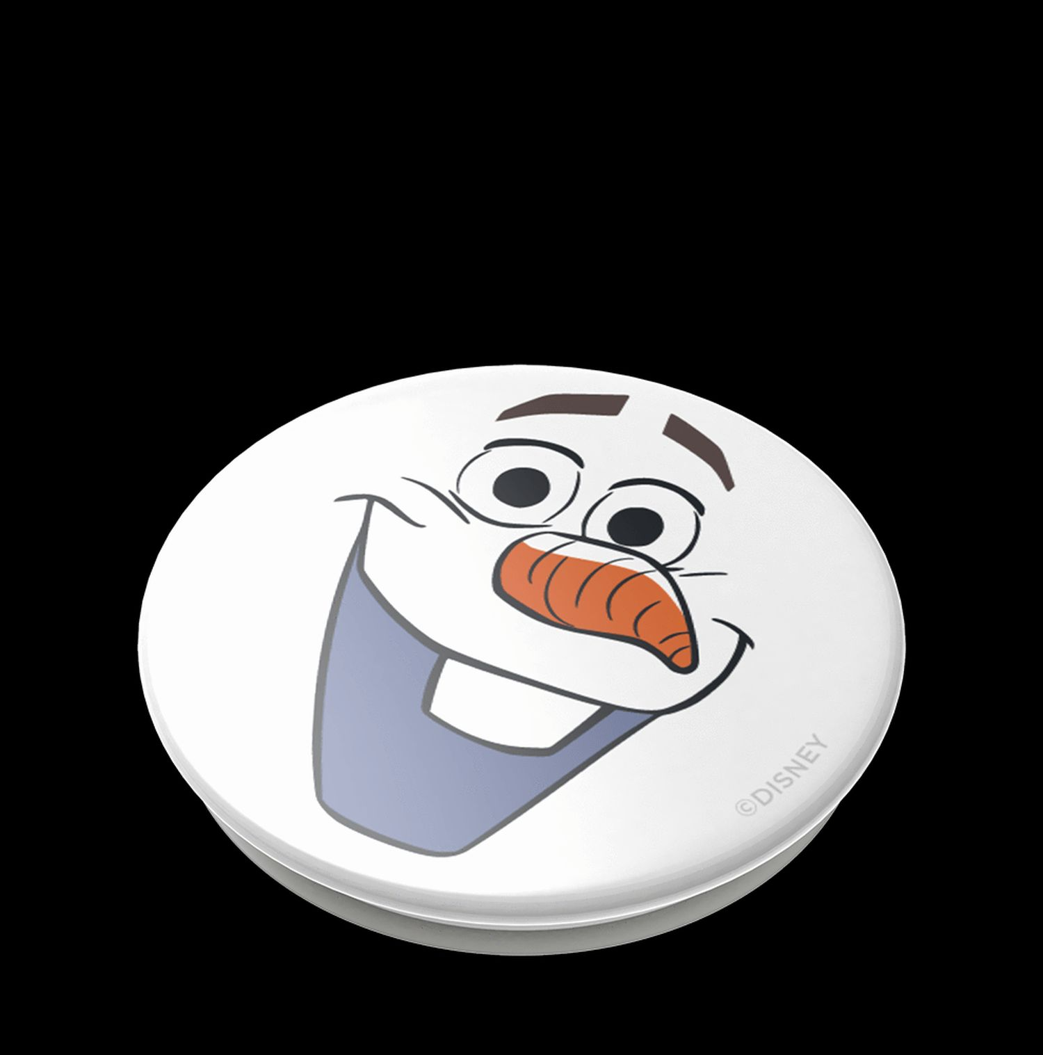 Cara de Olaf en un botón redondo blanco, con logo Disney.
