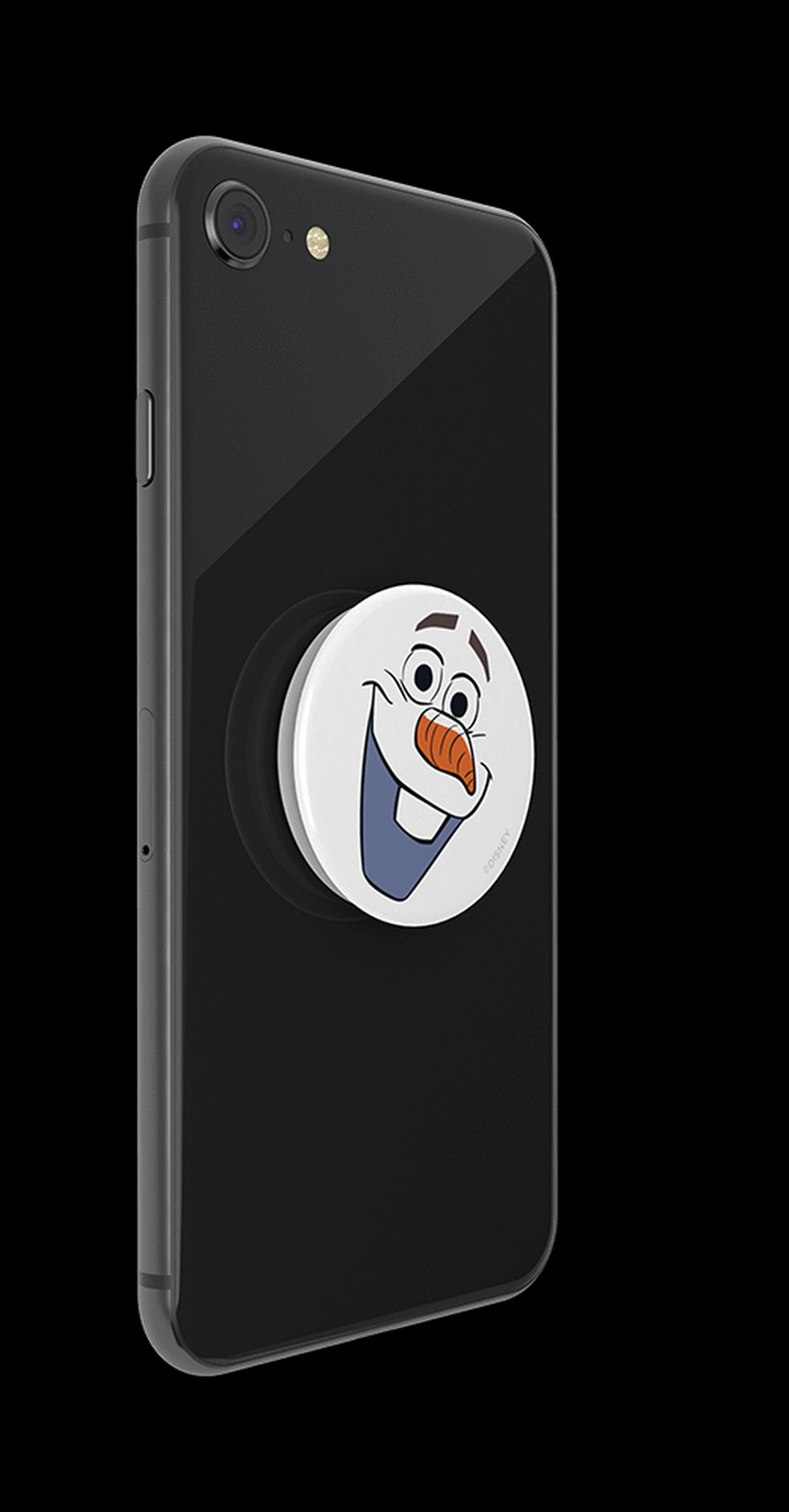 Teléfono negro con PopSocket de Olaf adjunto. Olaf es blanco, sonriendo con nariz de zanahoria.