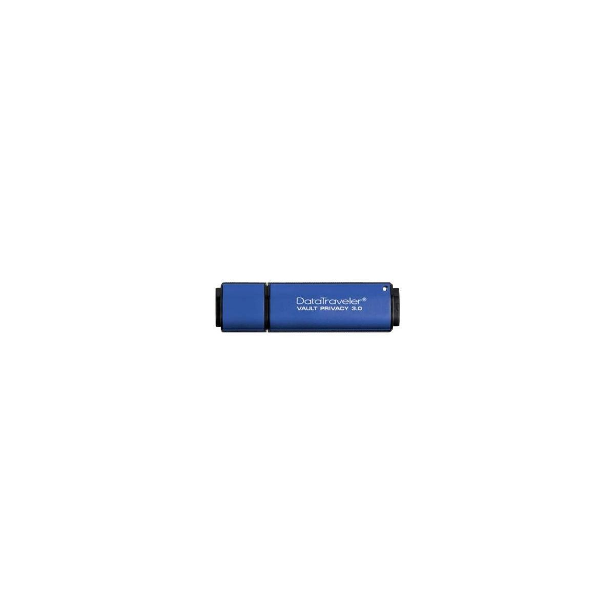 Unità USB blu e nera. Etichetta DataTraveler Vault Privacy 3.0 in alto. Sfondo bianco.