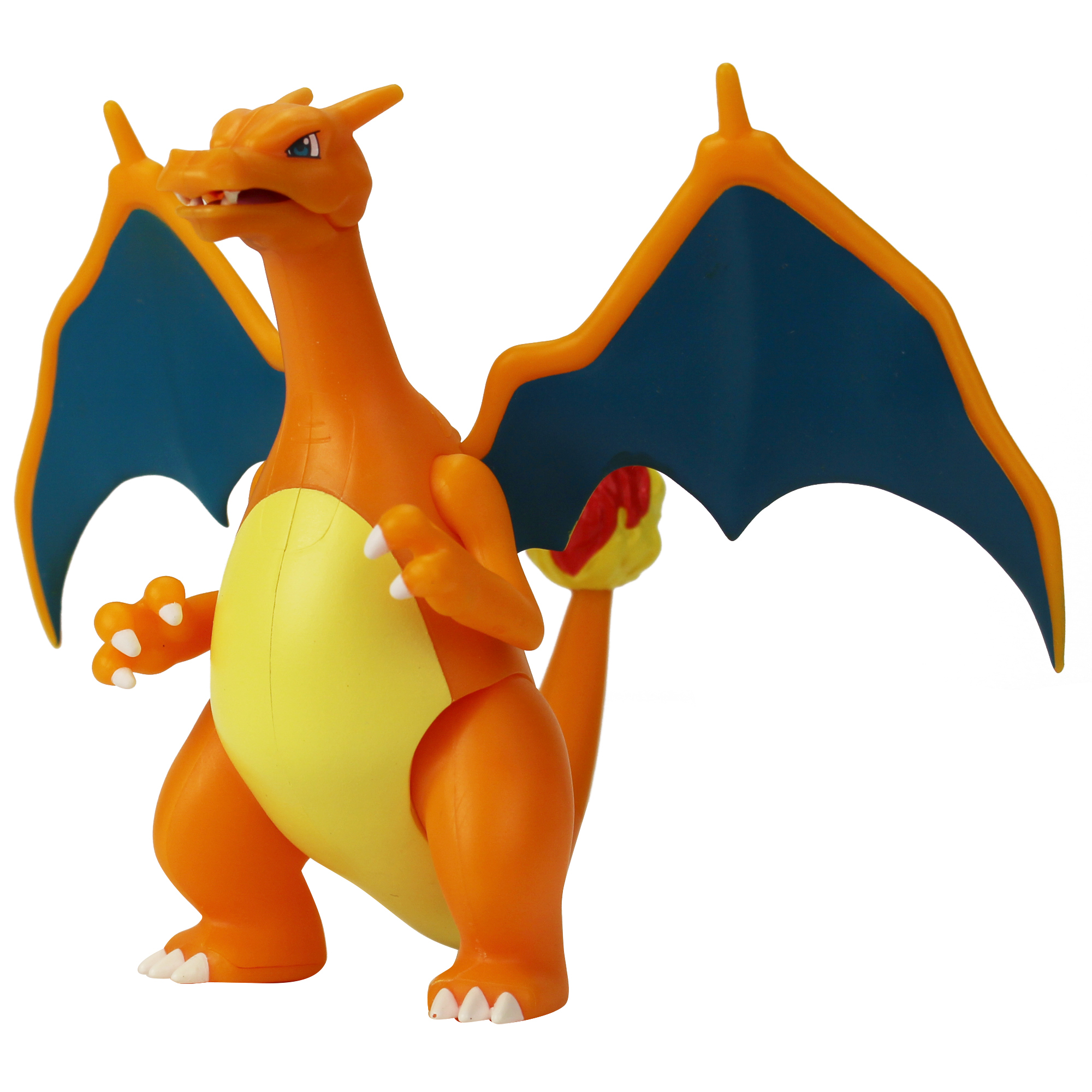 Eine Charizard-Spielfigur mit orangefarbenem Körper, gelbem Bauch, blauen Flügeln und weißen Krallen.