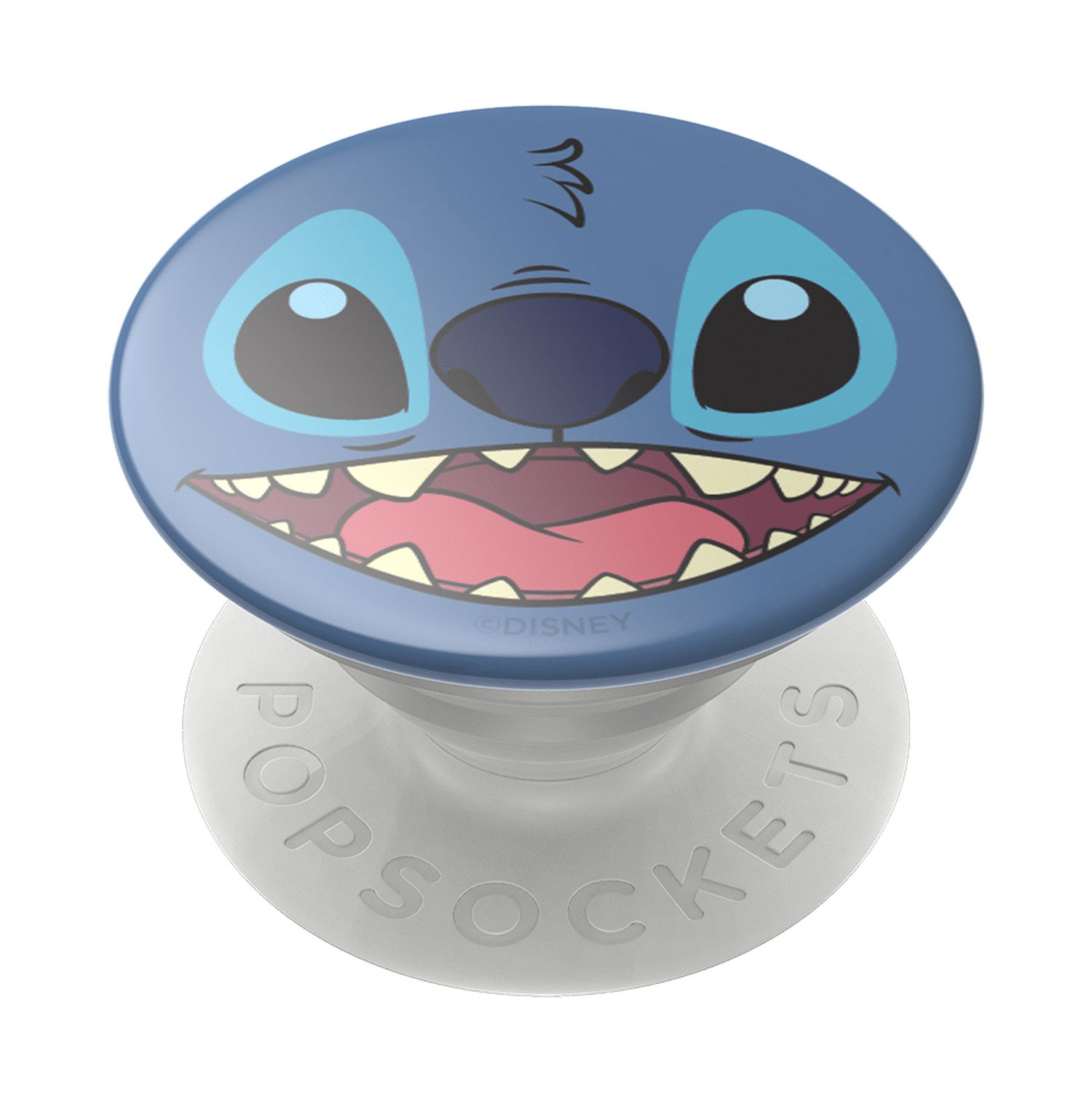 Ein Stitch PopSocket-Handyhalter auf weißem Untergrund, mit dem Gesicht der Figur.
