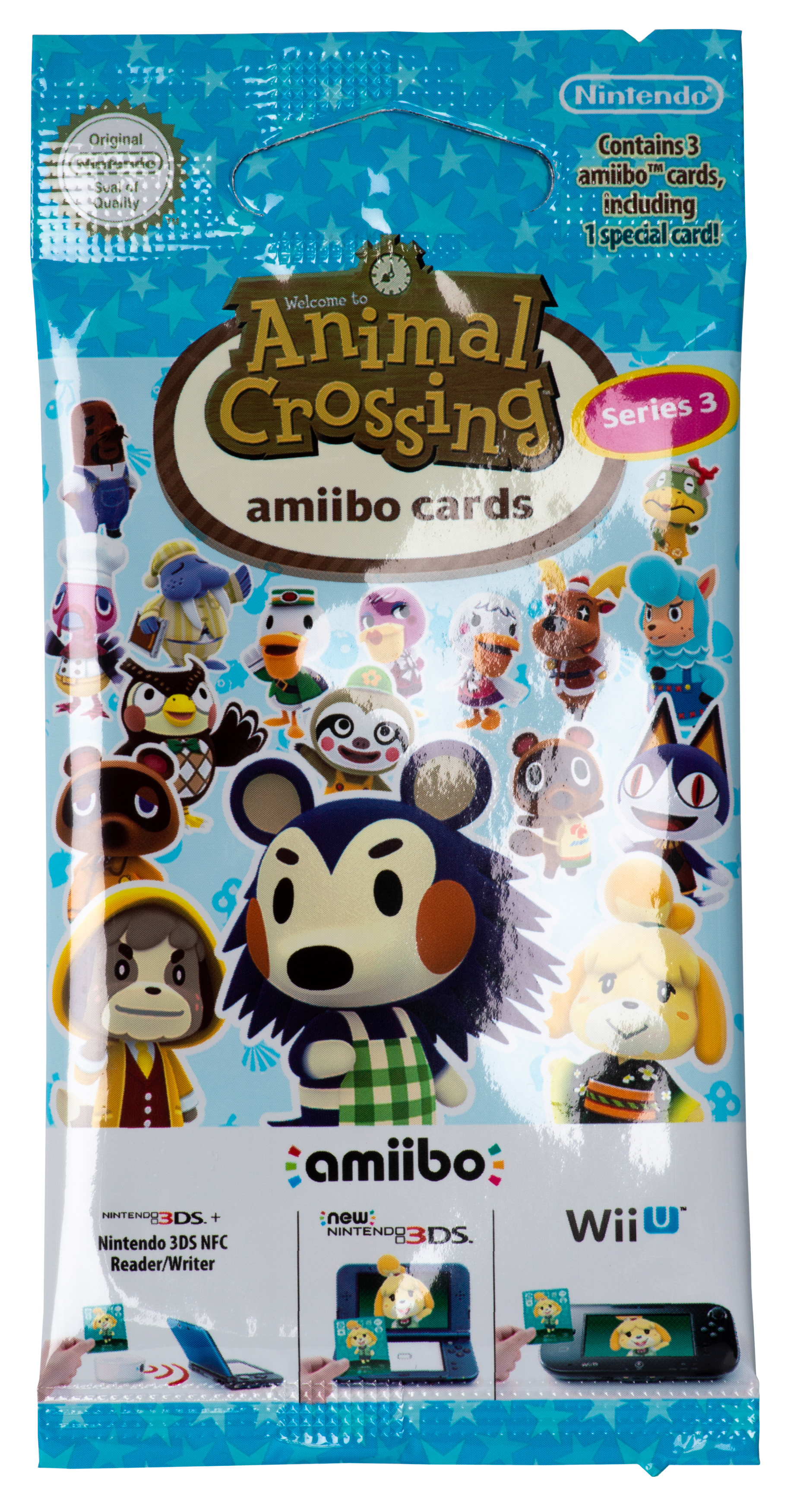 Animal Crossing amiibo Karten Pack, Serie 3, mit Charakteren und Logo.