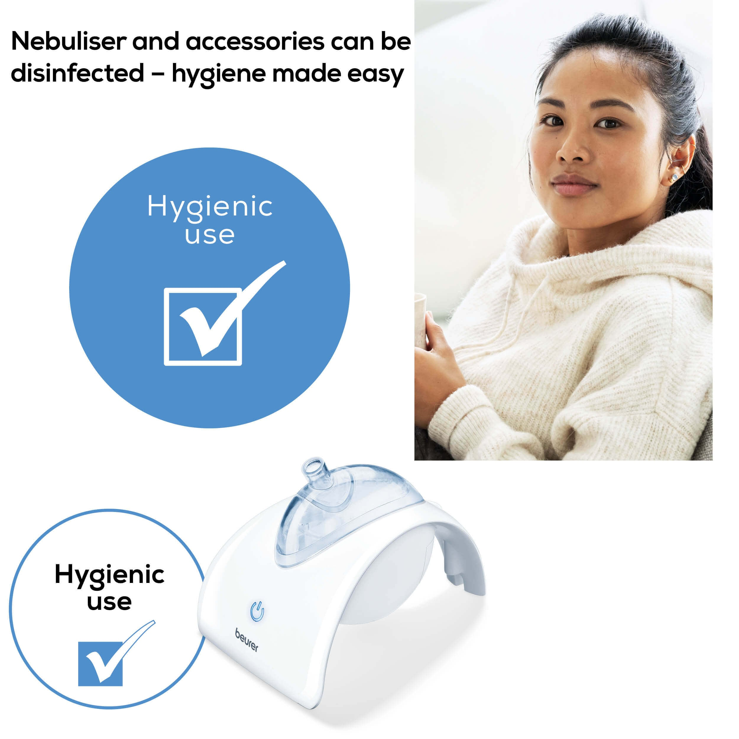 Frau mit Vernebler und Gesundheitssymbolen. Ein Vernebler und ein blauer Kreis mit Häkchen.