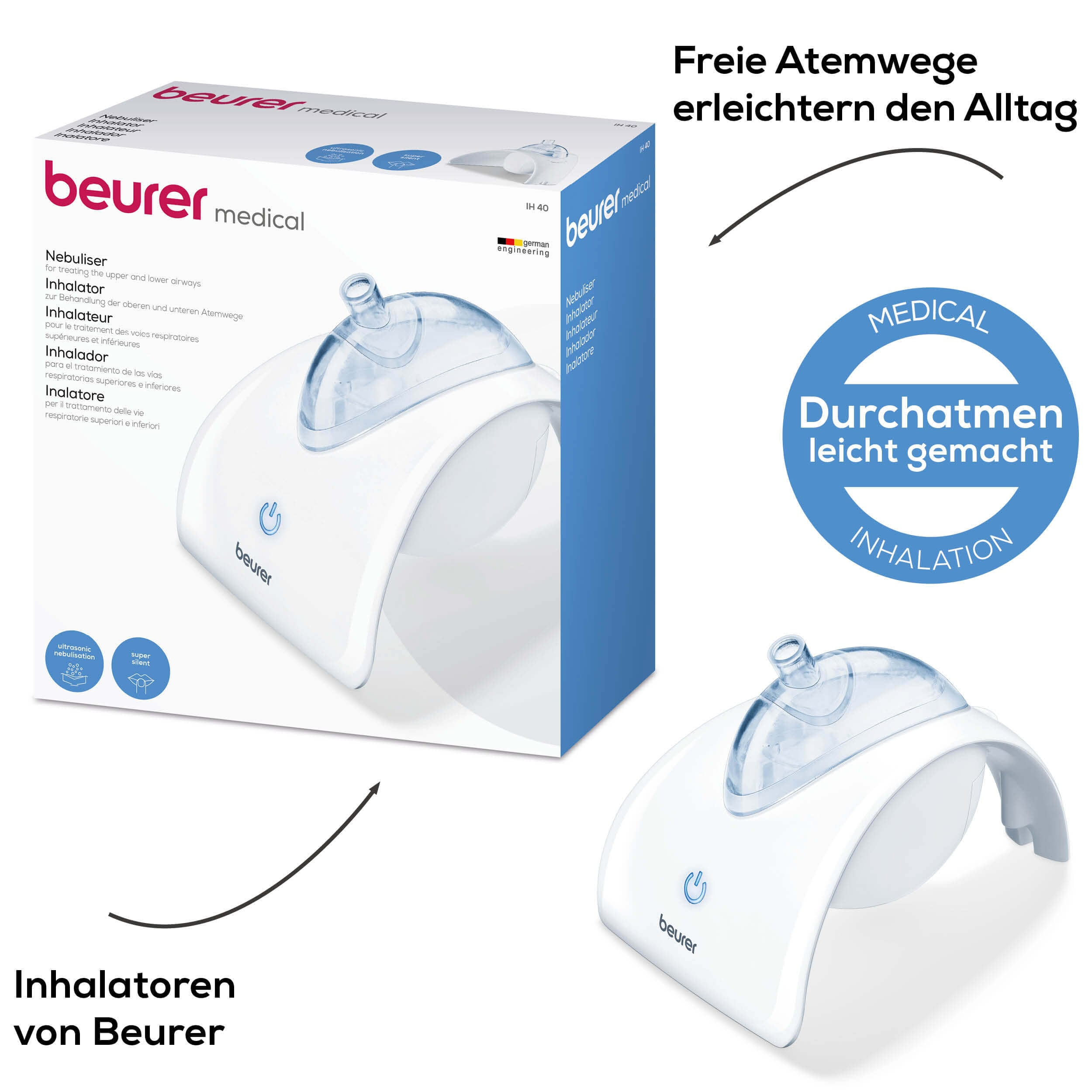 Ein weiß-blauer Vernebler mit einer Box, die das Produkt zeigt.
