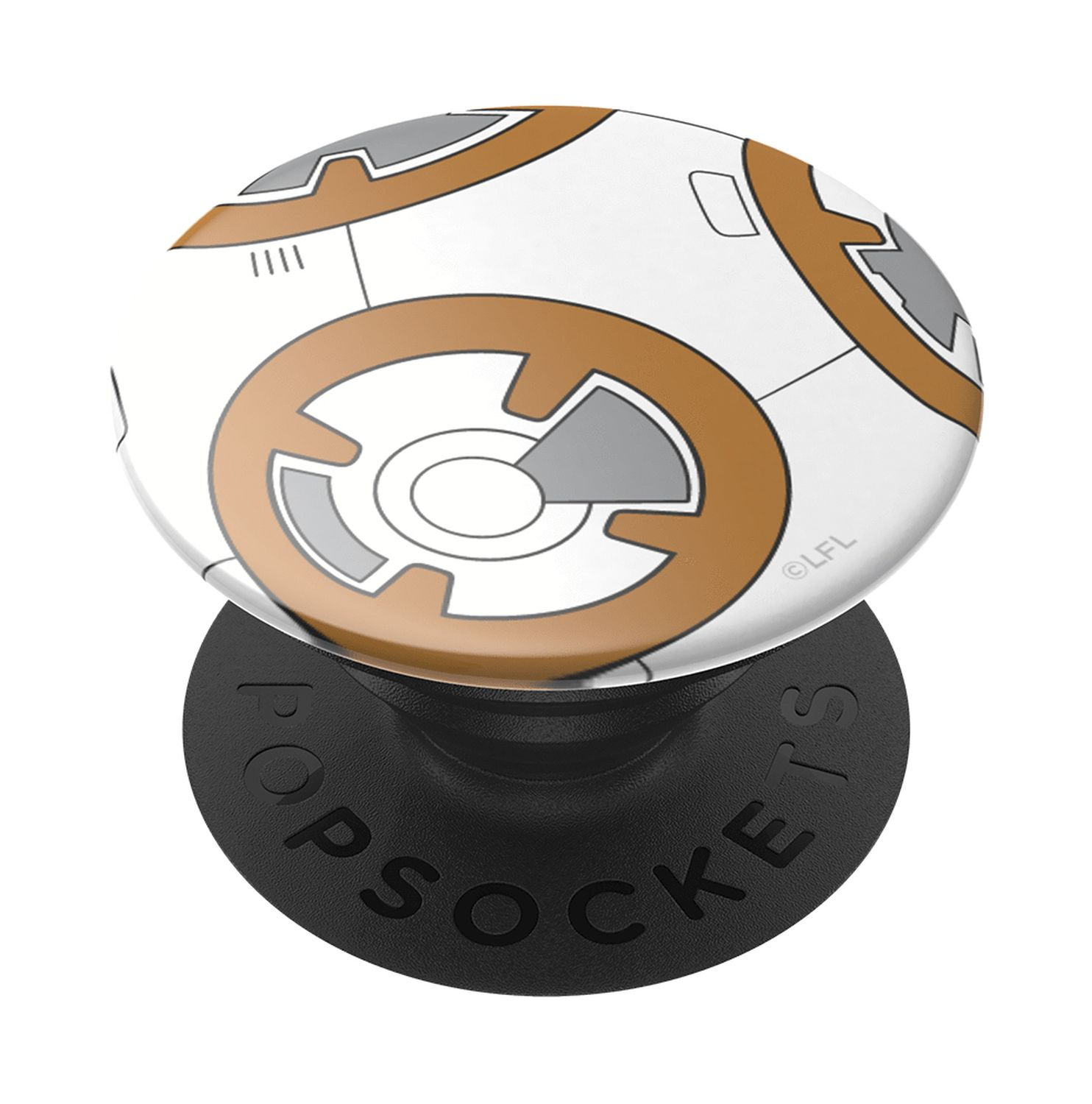 Ein weißer BB-8 PopSocket auf schwarzer Basis, mit Star Wars-Design, vor weißem Hintergrund.