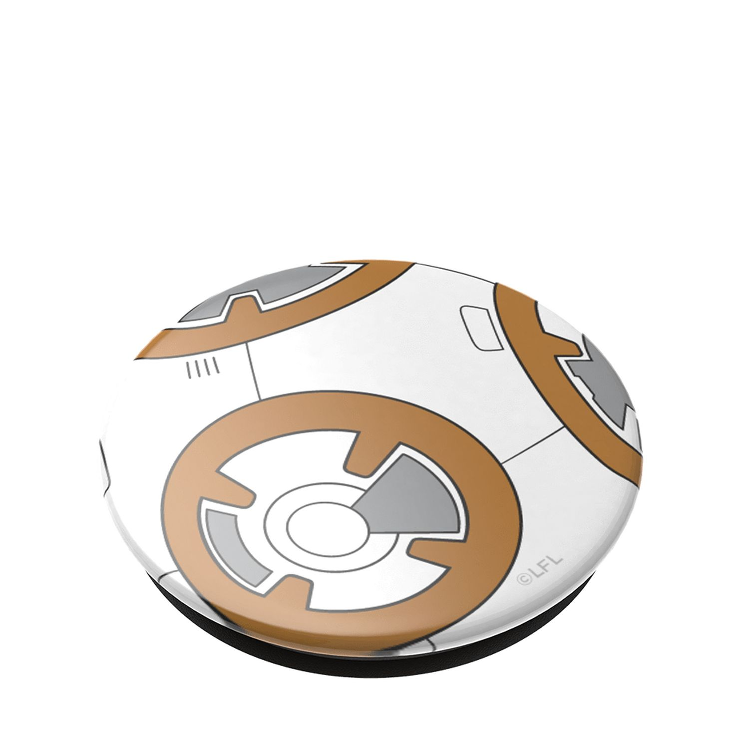 Ein weißer Star Wars BB-8 PopSocket mit braunen und grauen Details. Runde Form.