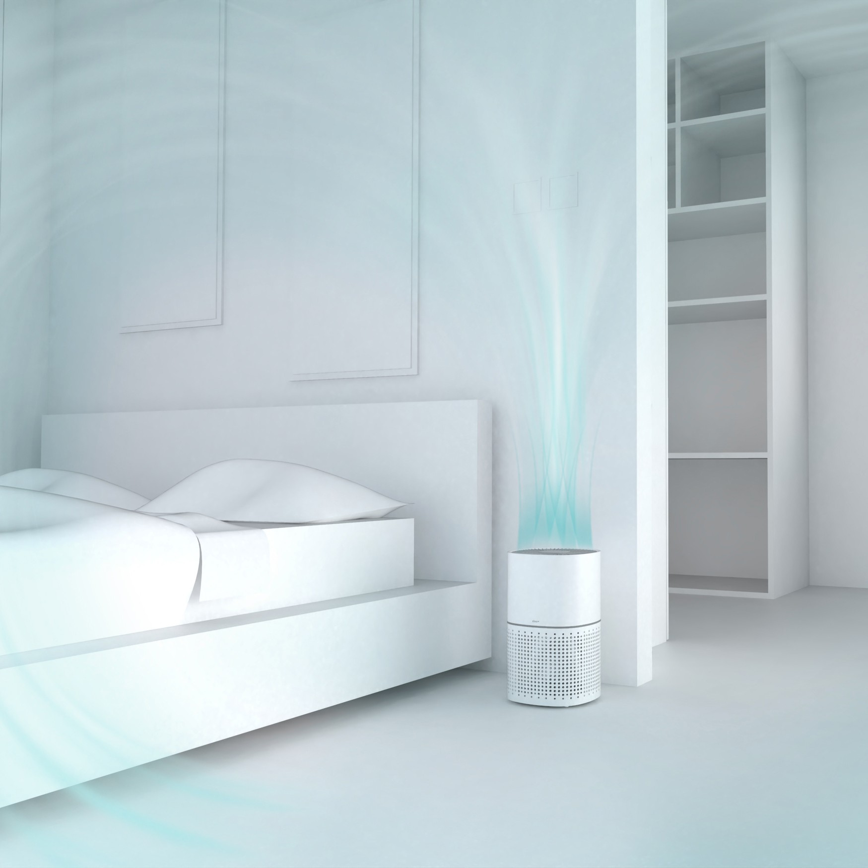 Weißes Zimmer mit Bett, Luftreiniger und Fenster.