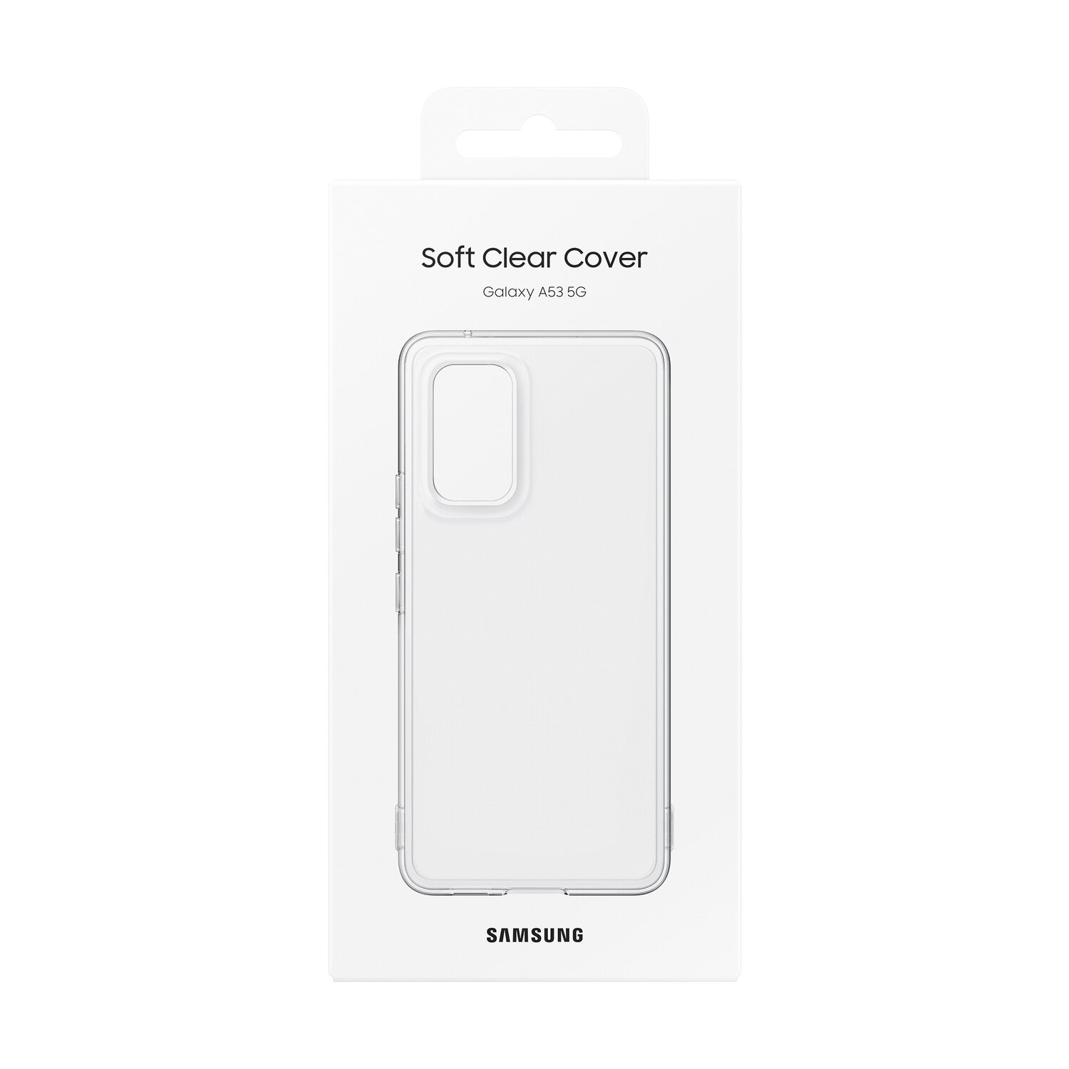 Clear phone case box. Samsung brand. Clear phone case inside.