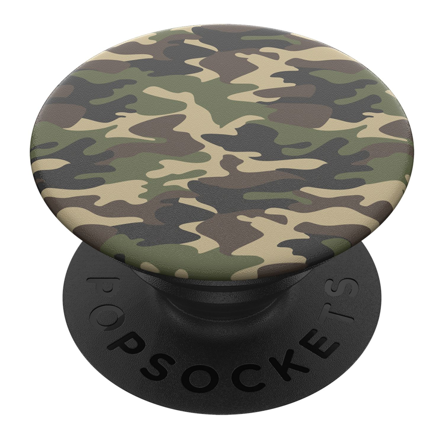 Runder PopSockets-Griff mit Tarnmuster auf schwarzer Basis. Weißer Hintergrund.