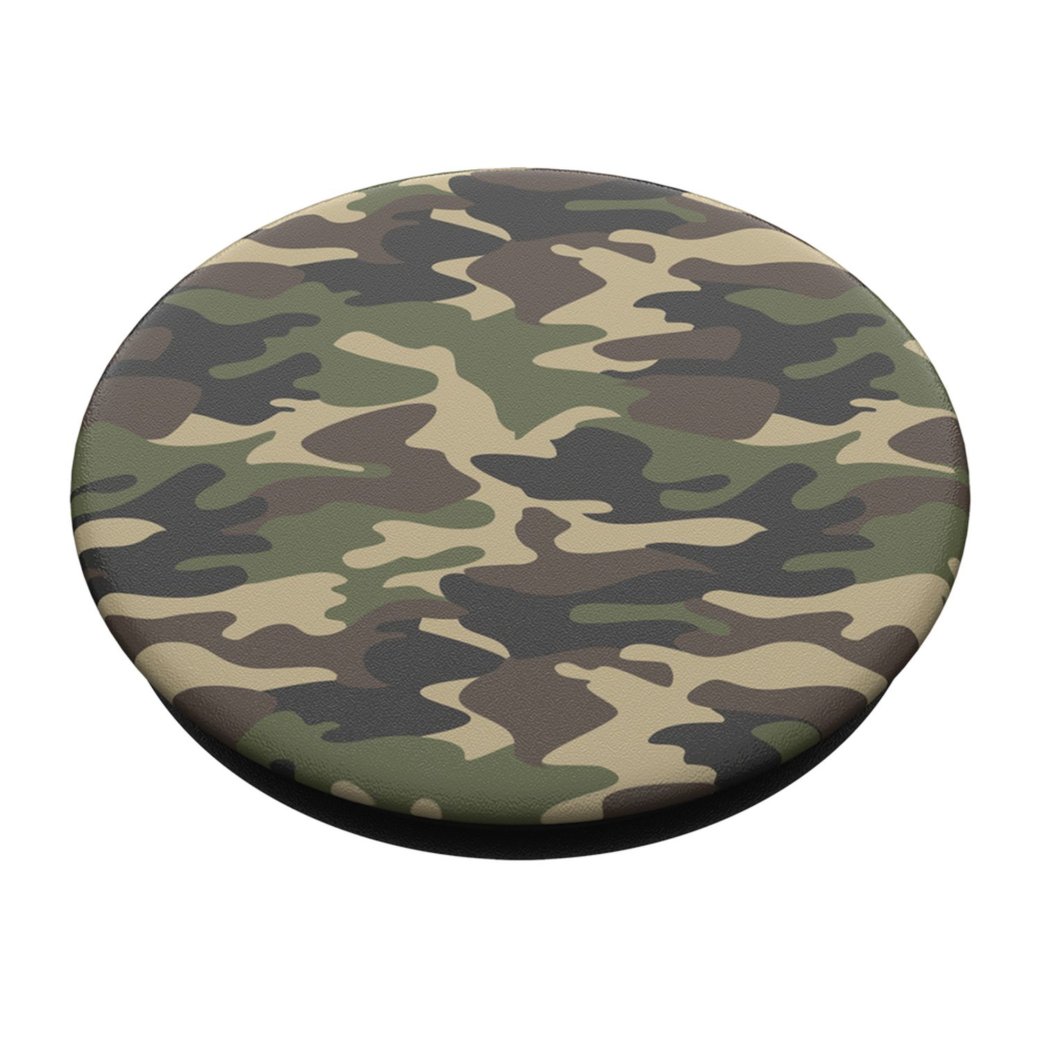 Ein runder Camouflage-PopSockets-Griff mit schwarzem Rand. Das Muster hat Grün-, Braun- und Schwarztöne.