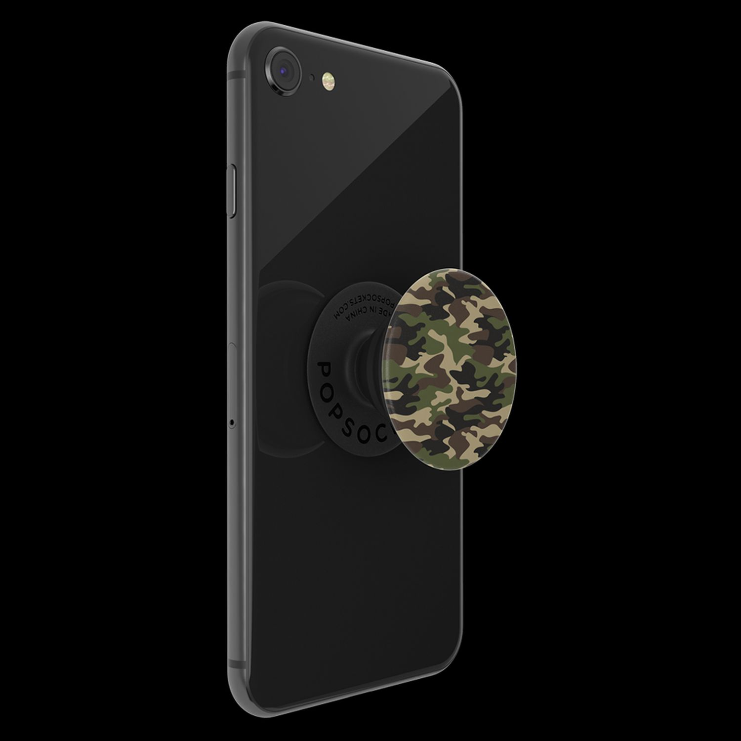 Schwarzes Telefon mit einem Camouflage-PopSocket befestigt.