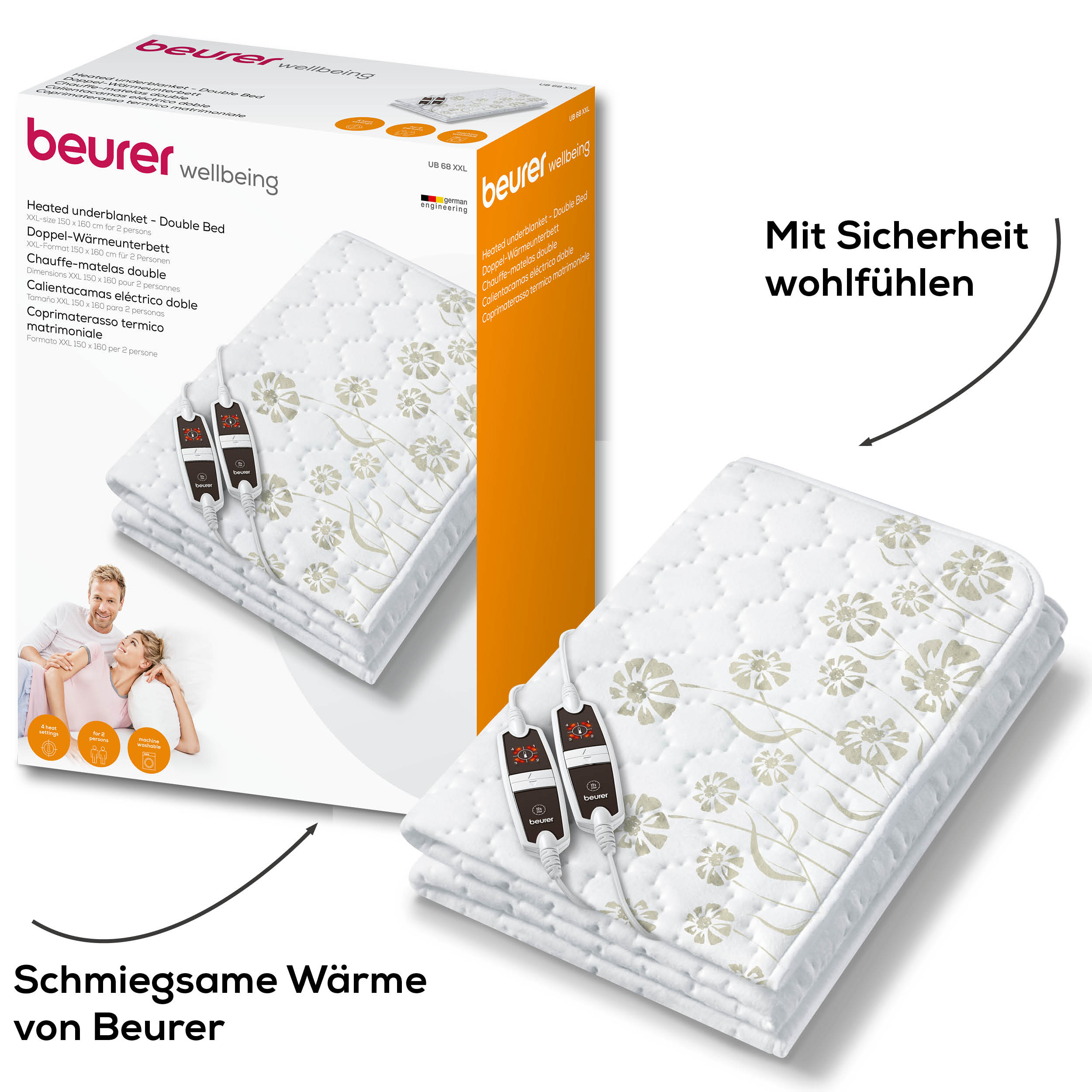 Eine weiße, beheizte Doppelbett-Unterdecke mit Blumenmustern, mit einer Box im Hintergrund.