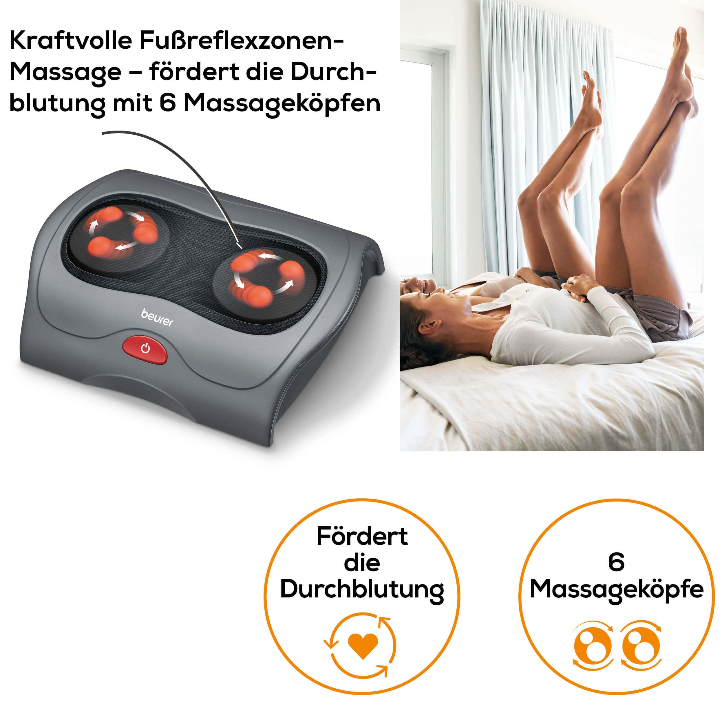 Massaggiatore per riflessologia plantare con 6 testine. Due persone sono a letto.