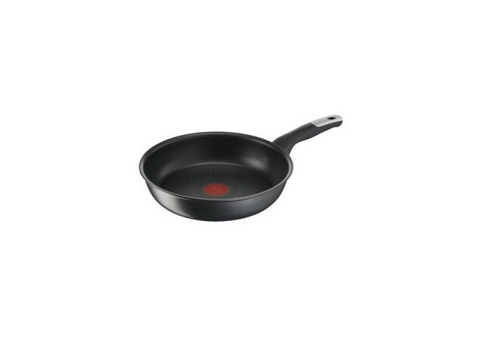 Black frying pan with a red circle in the center, on a white background.