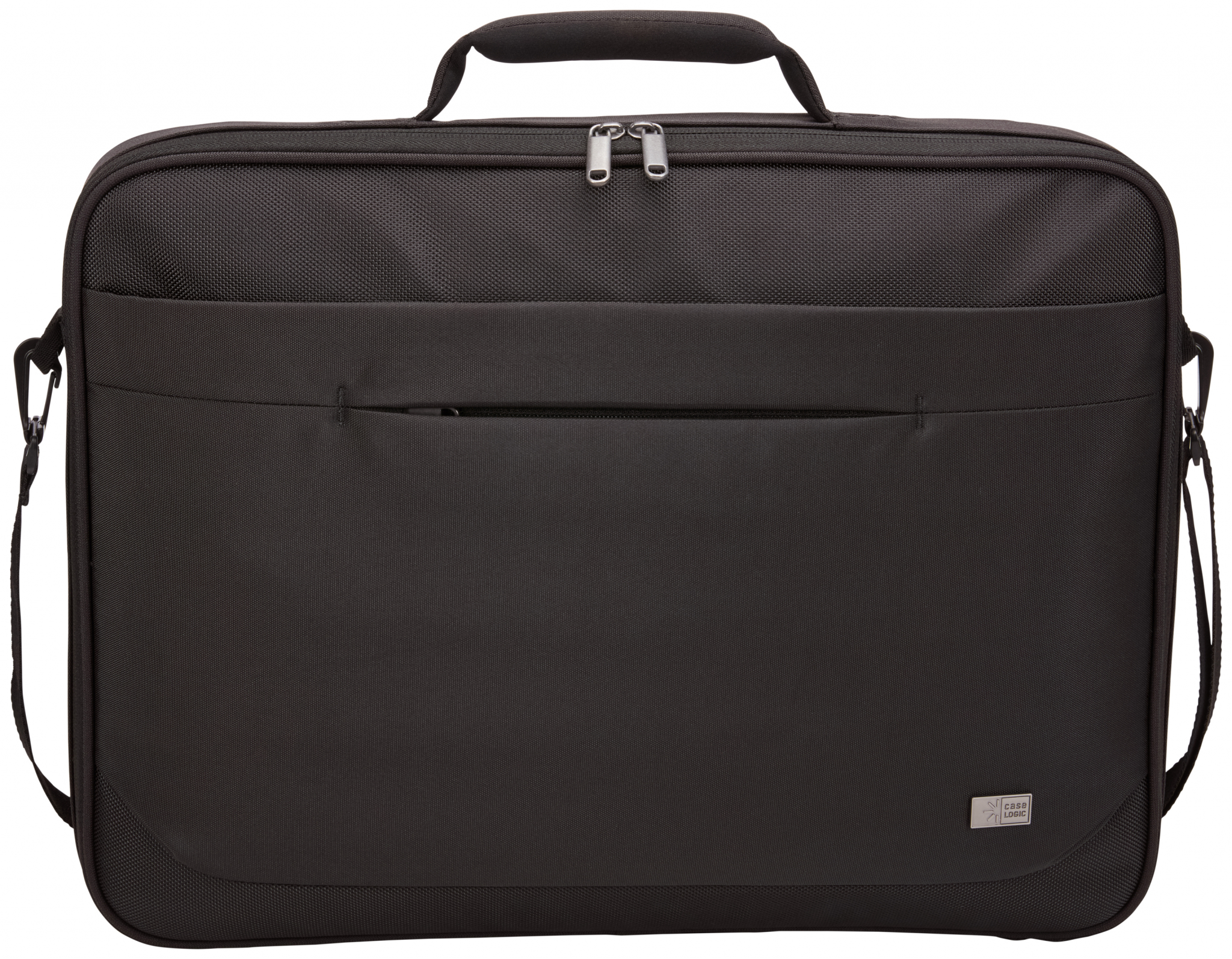 Een zwarte Case Logic laptoptas met een voorvak en schouderriembevestigingen.
