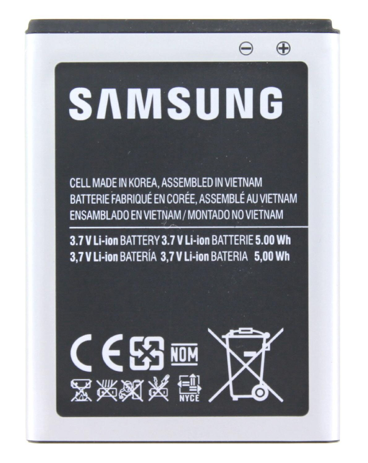 Samsung Akku. Weißes Rechteck mit schwarzem Text, Logo und Symbolen.