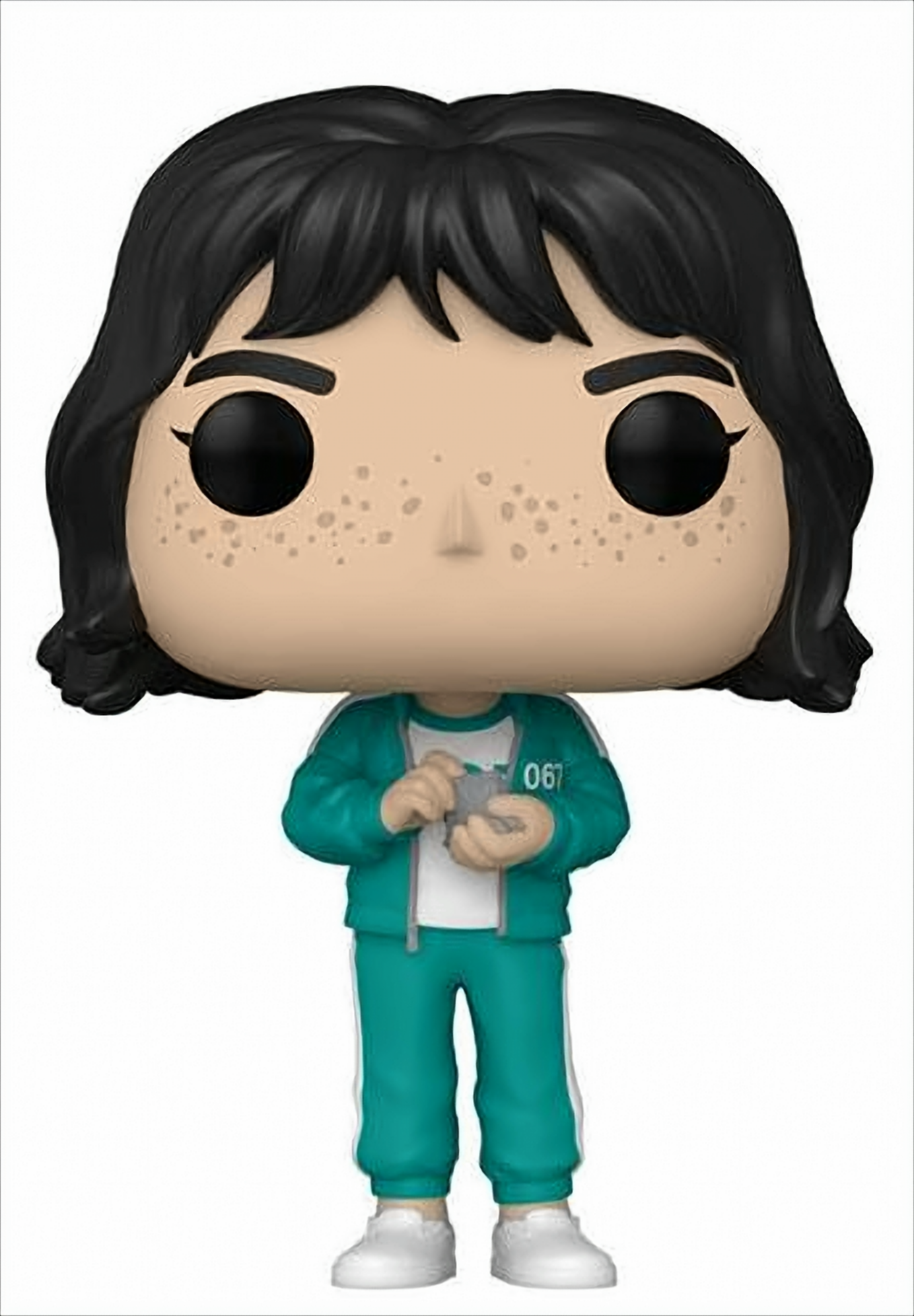 Funko Pop di una donna di Squid Game, con una tuta verde acqua, che tiene un piccolo oggetto.