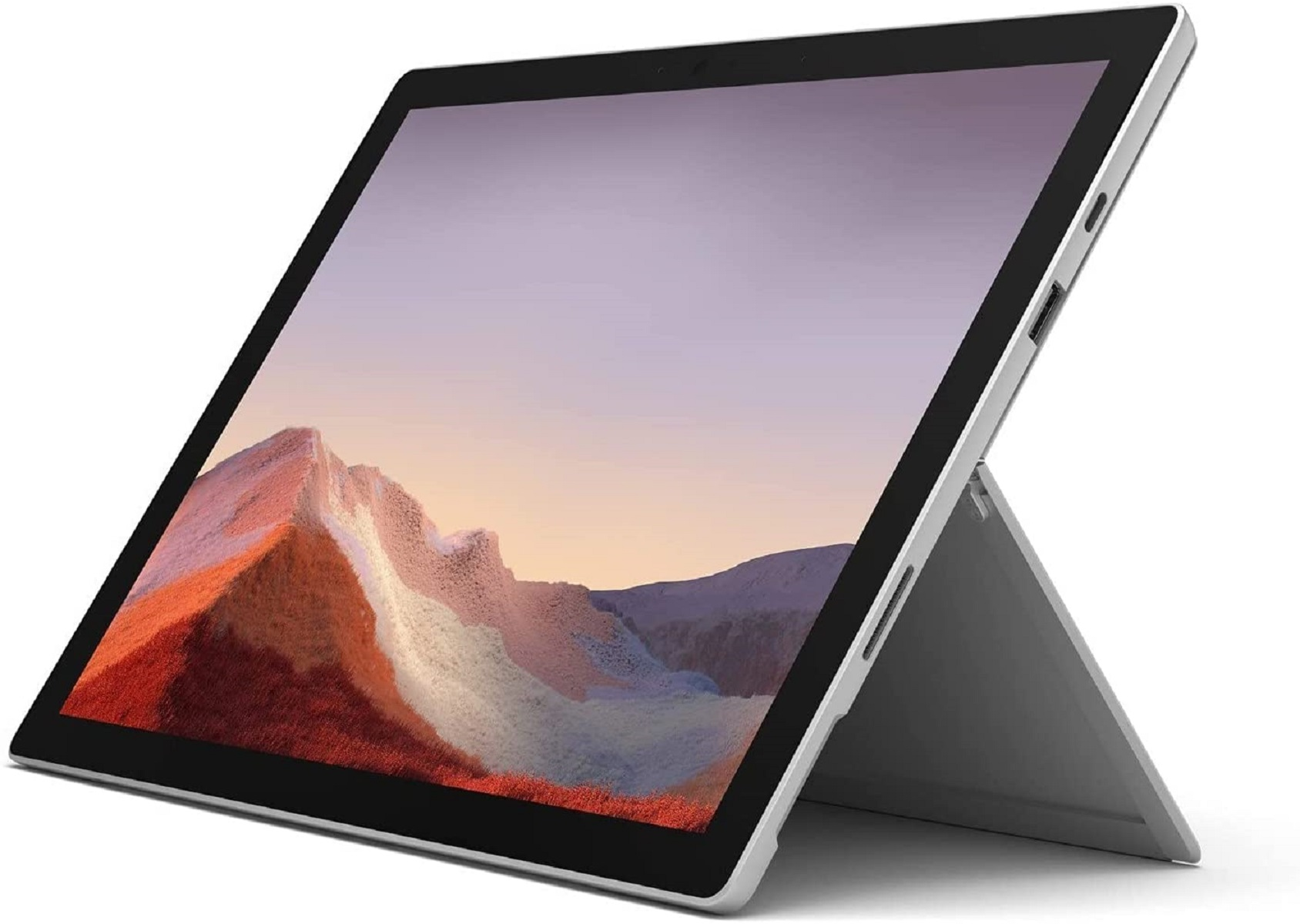 Ein silbernes Tablet mit schwarzem Bildschirm, angewinkelt aufgestellt. Der Bildschirm zeigt eine Landschaft.
