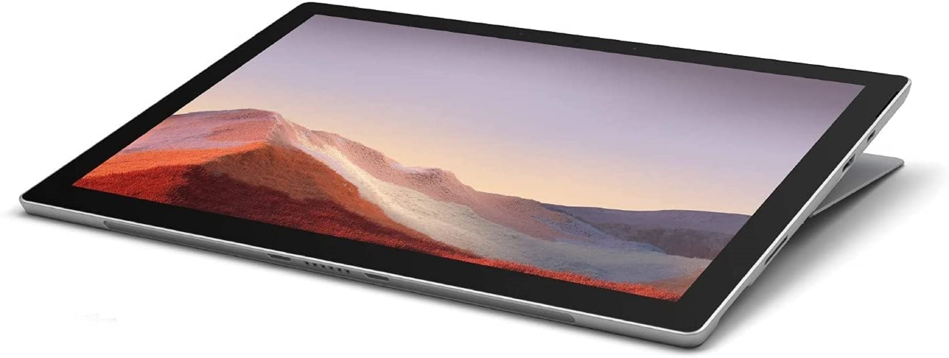 Silbernes Tablet mit schwarzem Bildschirm und kleinem Ständer, schräge Ansicht.