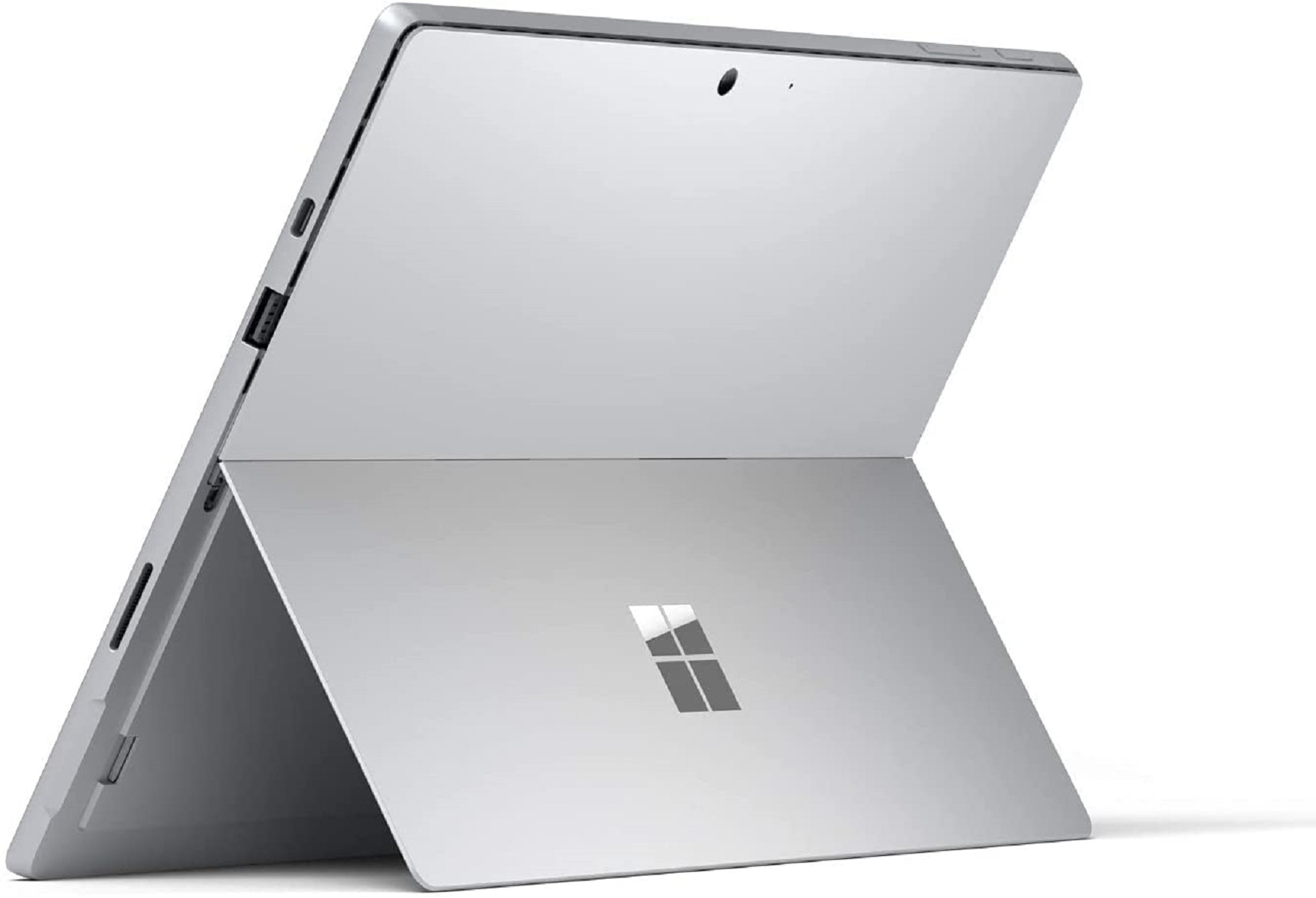 Silbernes Tablet mit Tastaturständer, zeigt das Microsoft-Logo.